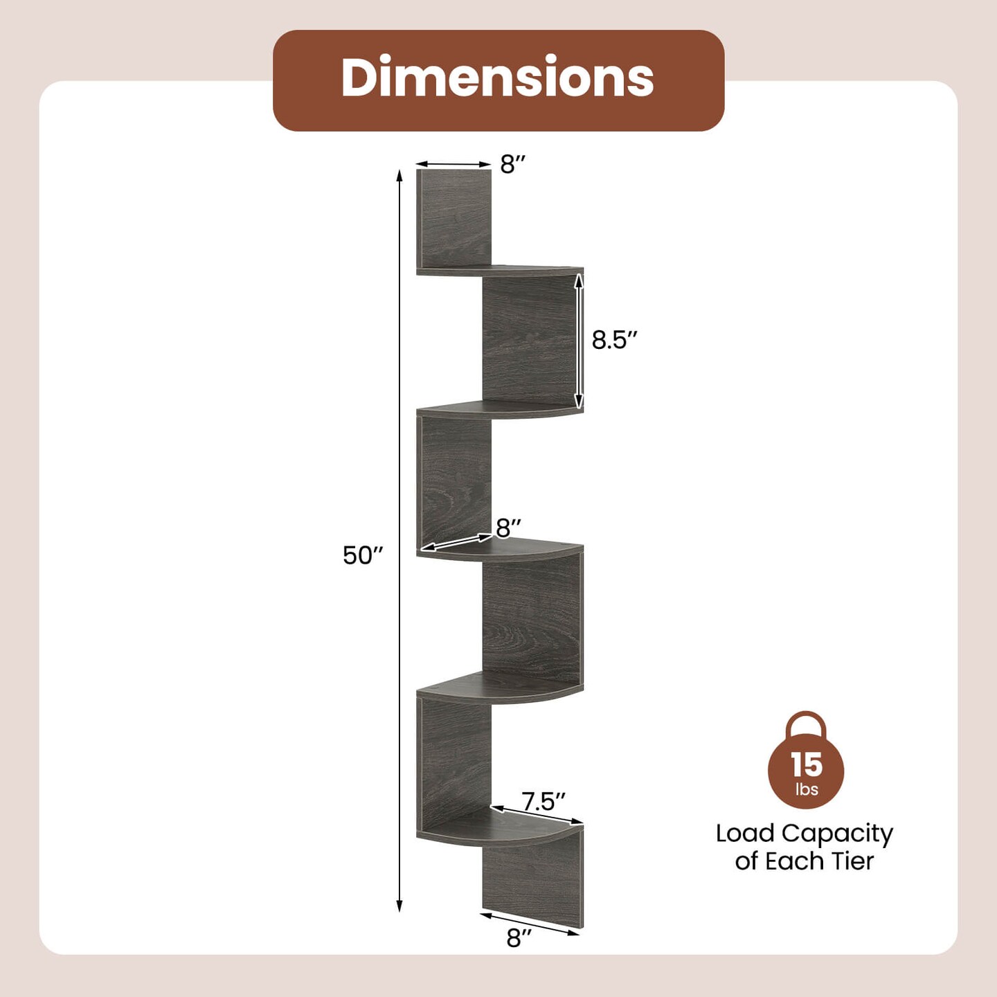 Costway 1/2 PCS 5-Tier Floating Bookshelf with Safe Round Edge Space-Saving Plant Display Shelf Brown/White/Gray