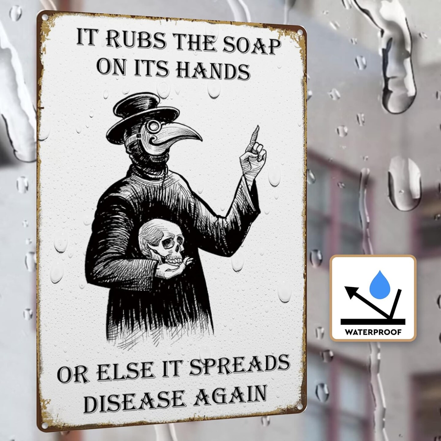 Wash Your Hands Plague Doctor Tin Sign – 8x12 Inch Gothic Wall Decor, Bathroom & Bedroom Art, Gothic Home Decor, Retro Metal Wall Plaque for Guest Room, Man Cave, Office