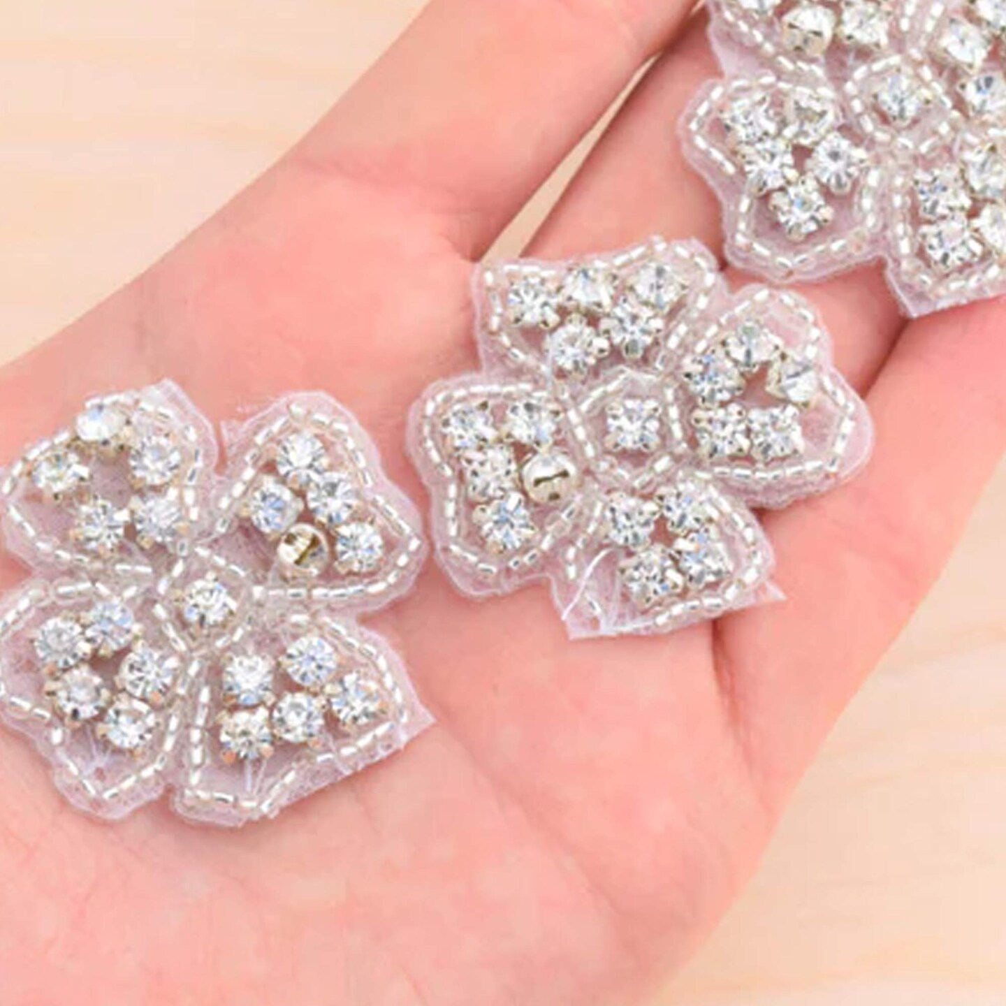 6 Pieces 1.5" Silver Rhinestone Flower Applique Patch Iron On Beaded Embellishment Craft