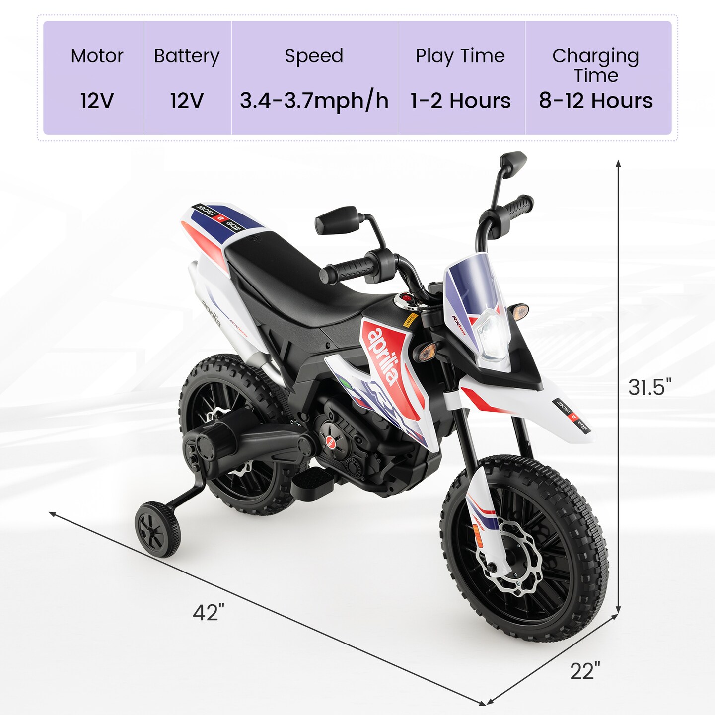 Costway 12V Licensed Aprilia Kids Ride On Motorcycle Electric Dirt Bike with Light & Music