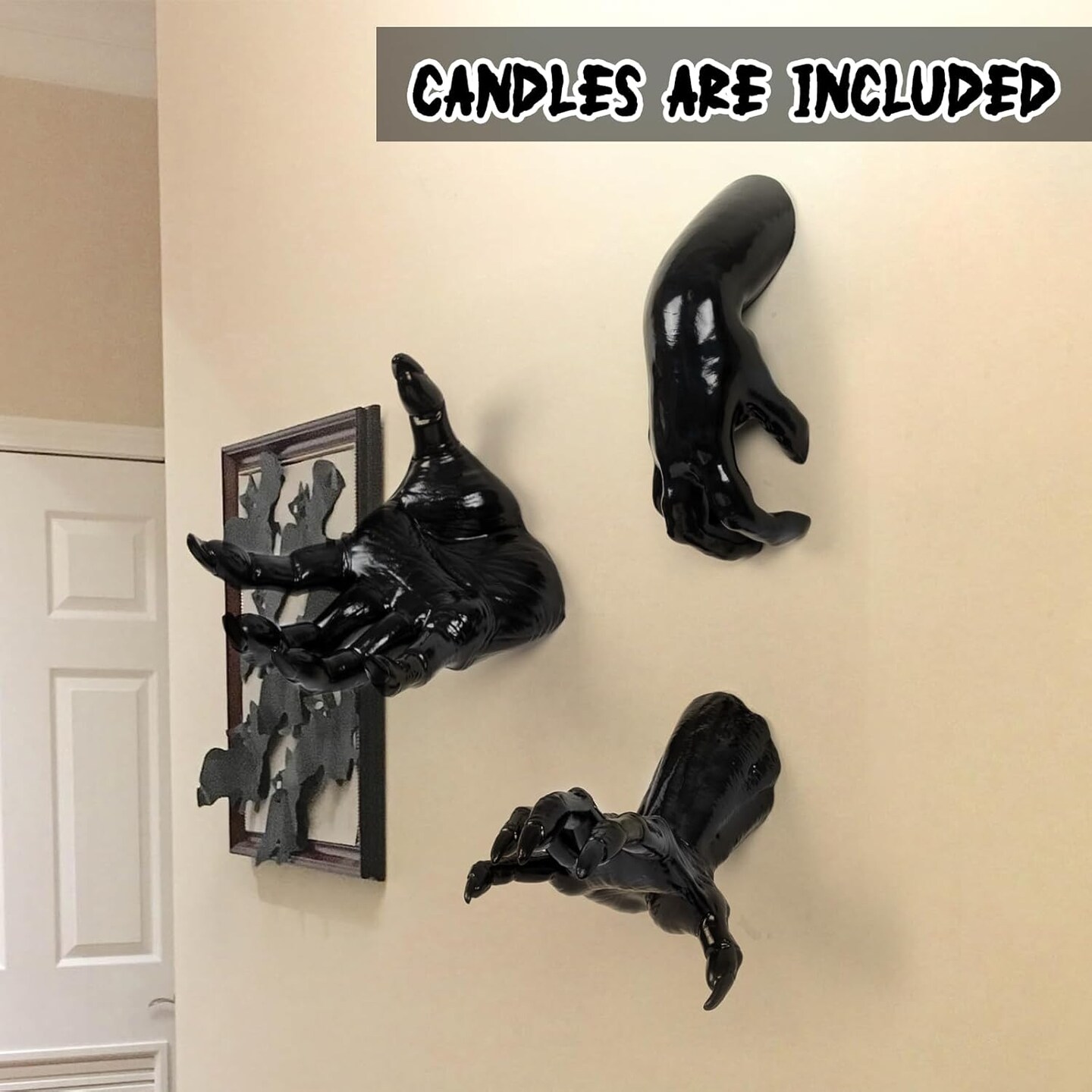 Pack of 3 Halloween Wall Decorations – Life-Sized Creepy Reaching Hands with Candles, Indoor/Outdoor Gothic Hanging Wall Art