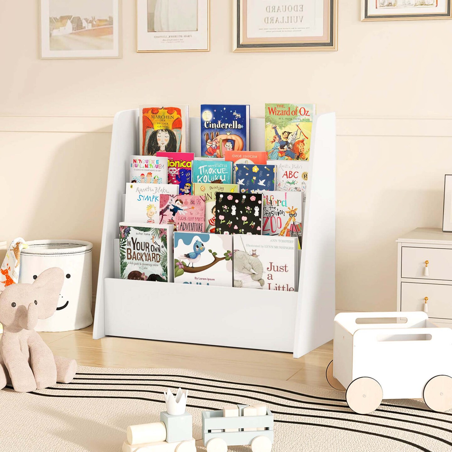 Costway 4-tier Kids Wooden Bookshelf Toddlers Book Rack with Deep Shelves Natural/White