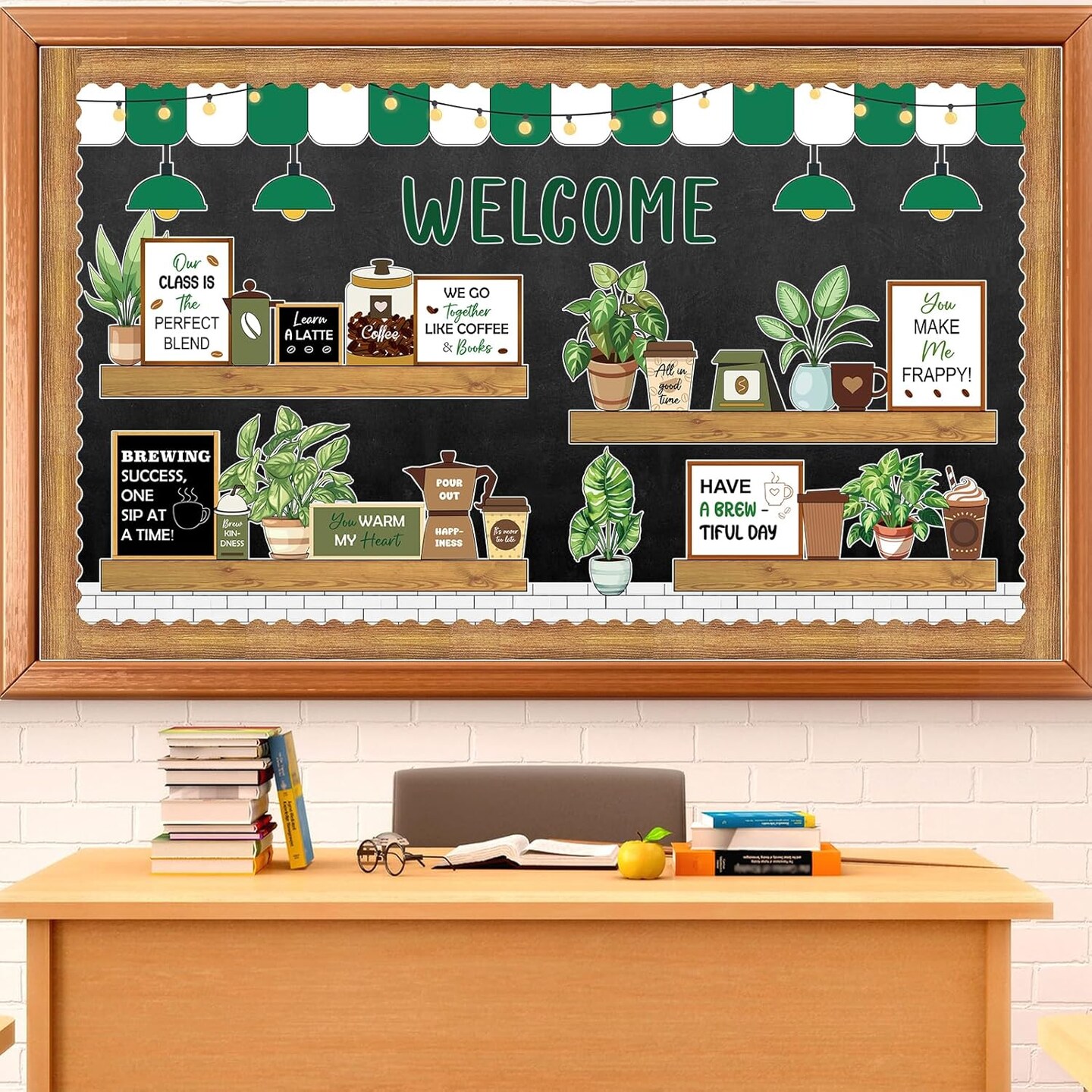 Welcome Bulletin Board Coffee Greenery Bulletin Board Set (Green, Brown)