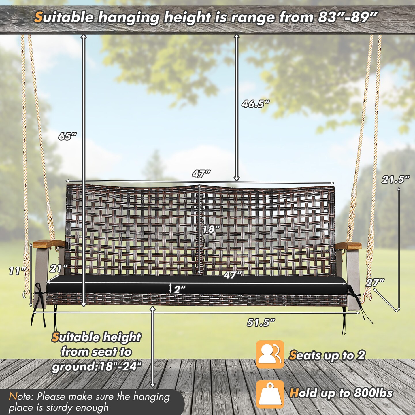 Costway 2-Person Patio Rattan Hanging Swing Chair Porch Loveseat Cushion Off