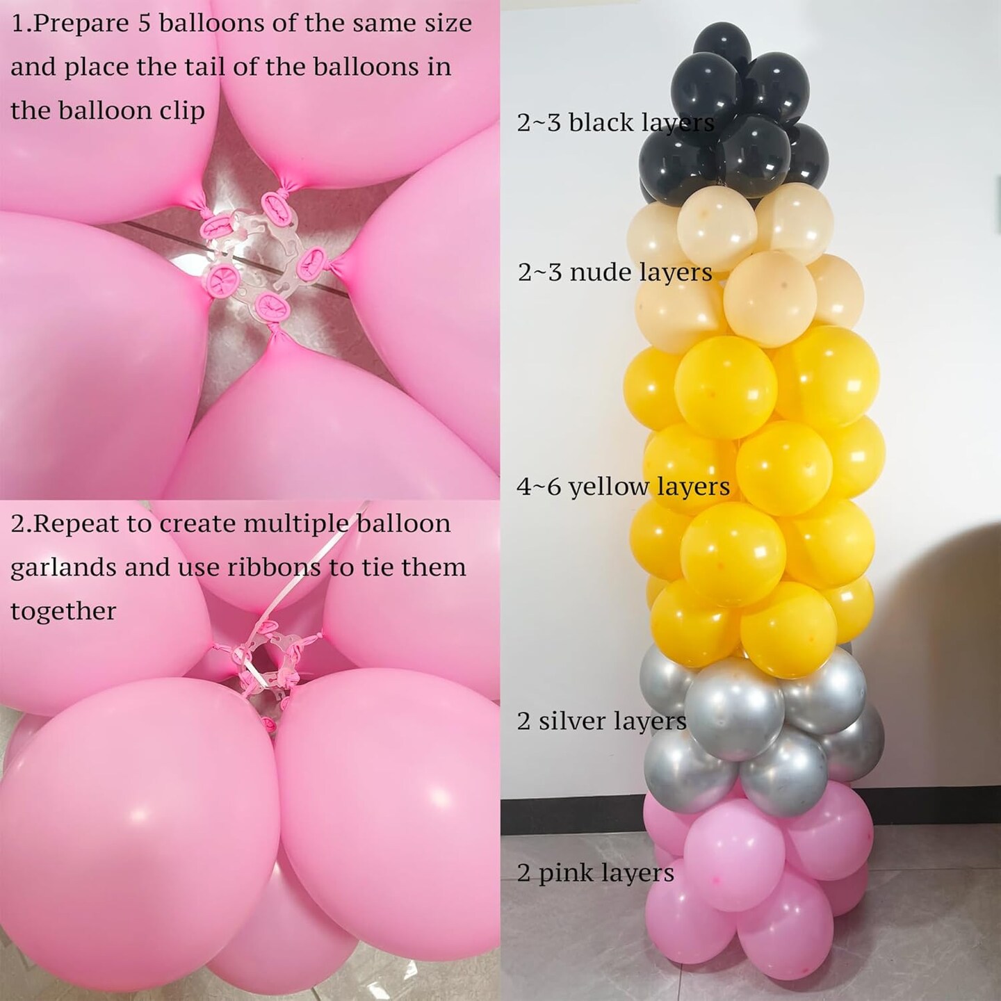 192PCS Pencil Balloon Arch Garland Kit (Pink, Metallic Silver, Lemon Yellow, Nude, Black) 5.5 x 2.1 x 6.5 inches