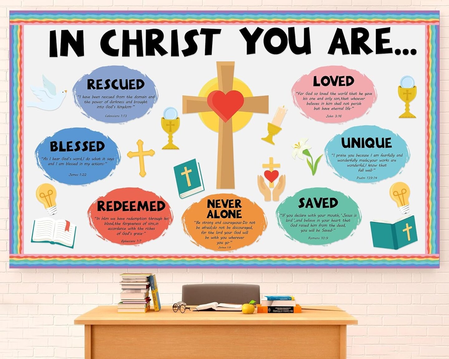 Christian Jesus Bulletin Board Decoration Set Religious Cross Bible Paper Cutouts You are Positive Inspirational Motivational Borders Sunday School Spring Summer VBS Classroom Prayer Board Supplies