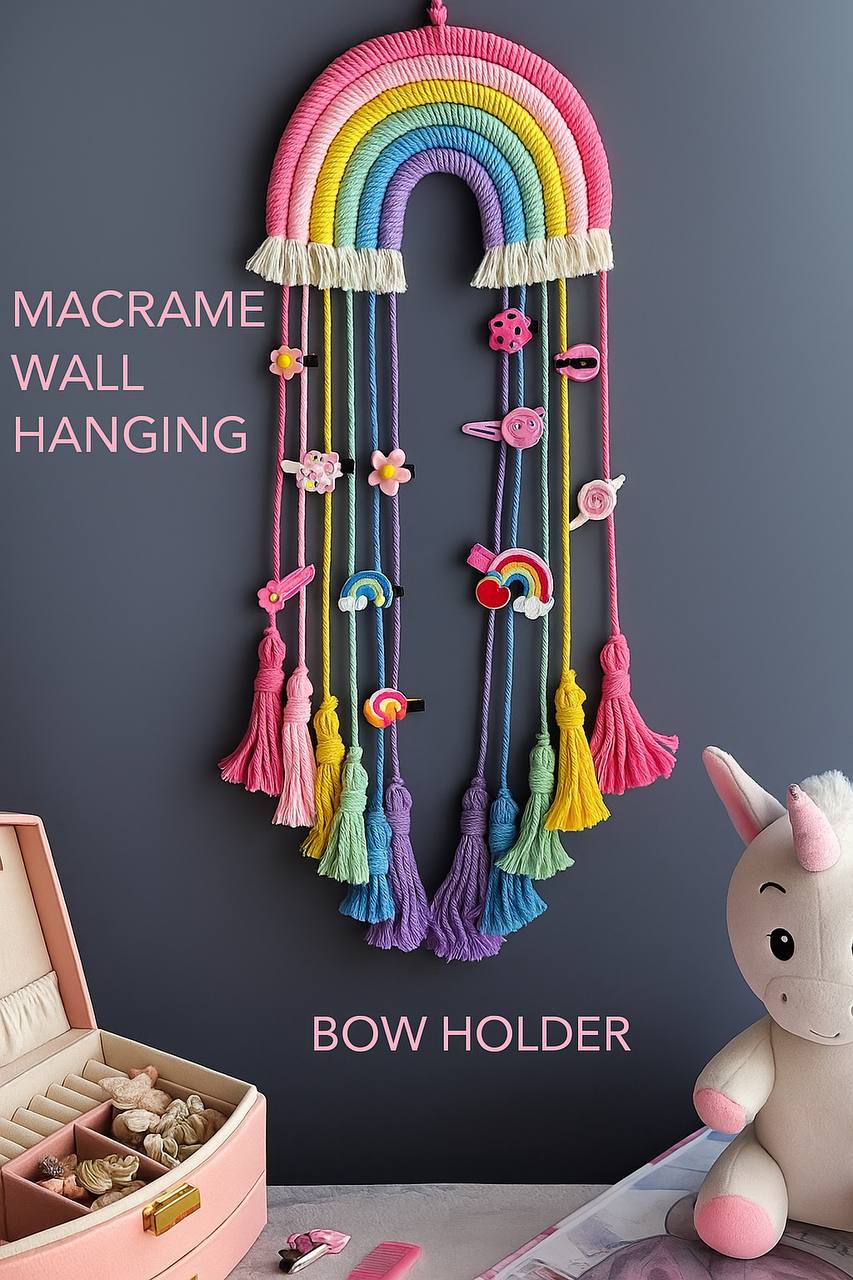 Macrame Rainbow Wall Hanging &#x2013; Hair Bow Holder for Girls &#x2013; Handwoven Cotton Nursery Decor &#x2013; Pink Boho Tapestry for Baby Room or Kids Bedroom