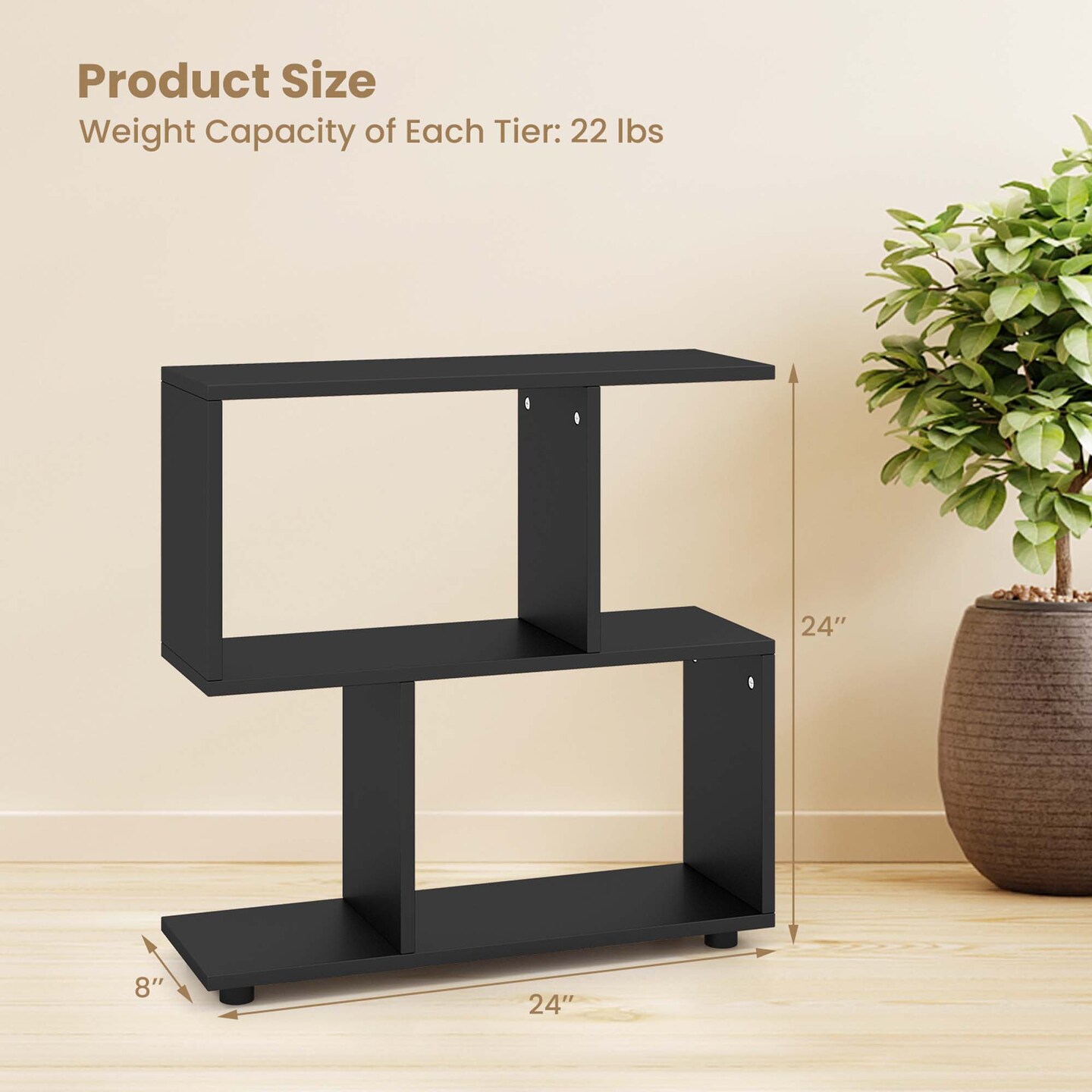 Costway 2-Tier Bookshelf Free Standing Wooden Display S-Shaped Shelf Storage Rack Black/Brown