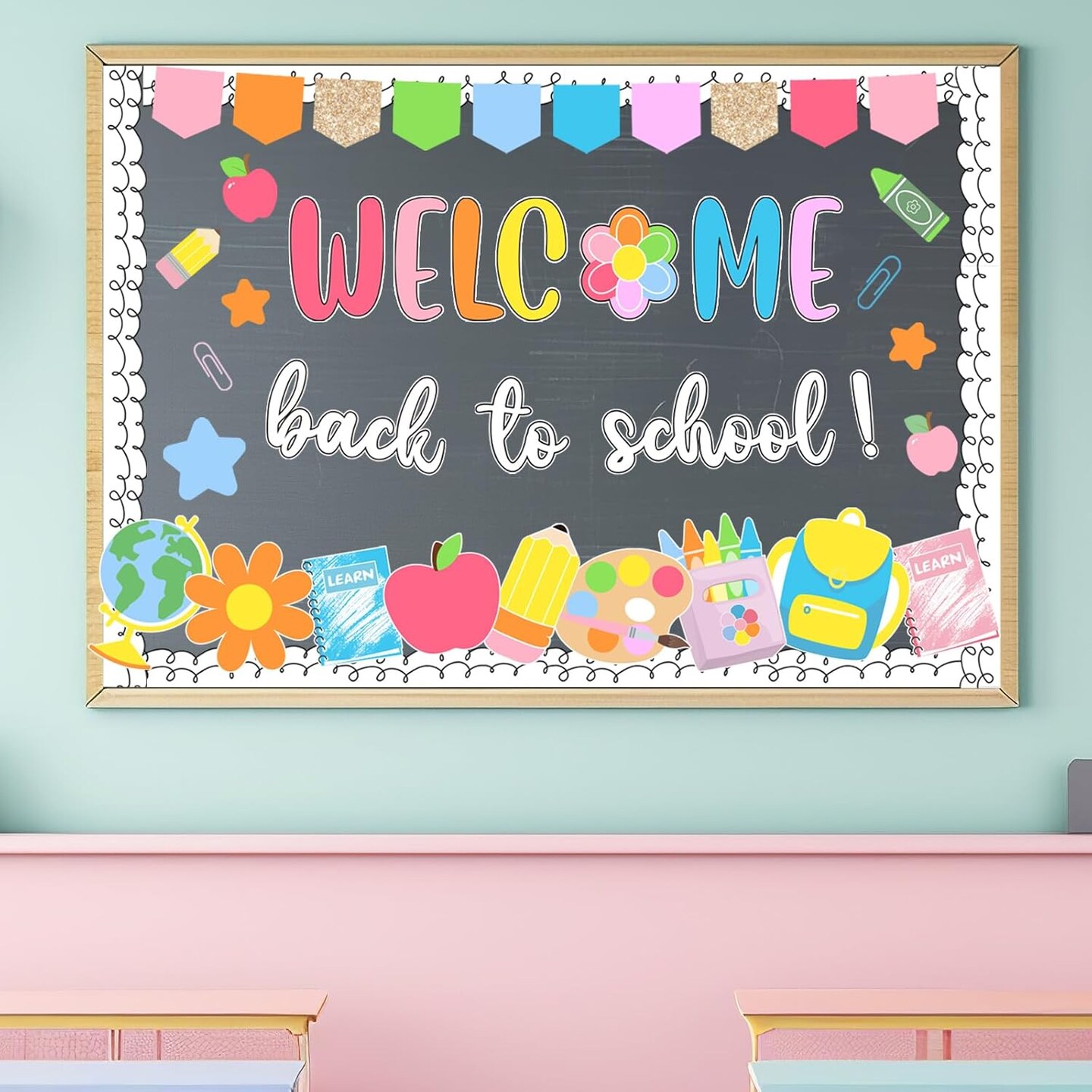 64Pcs Back to School Bulletin Board Set (Red, Yellow, Green, Blue, Pink)
