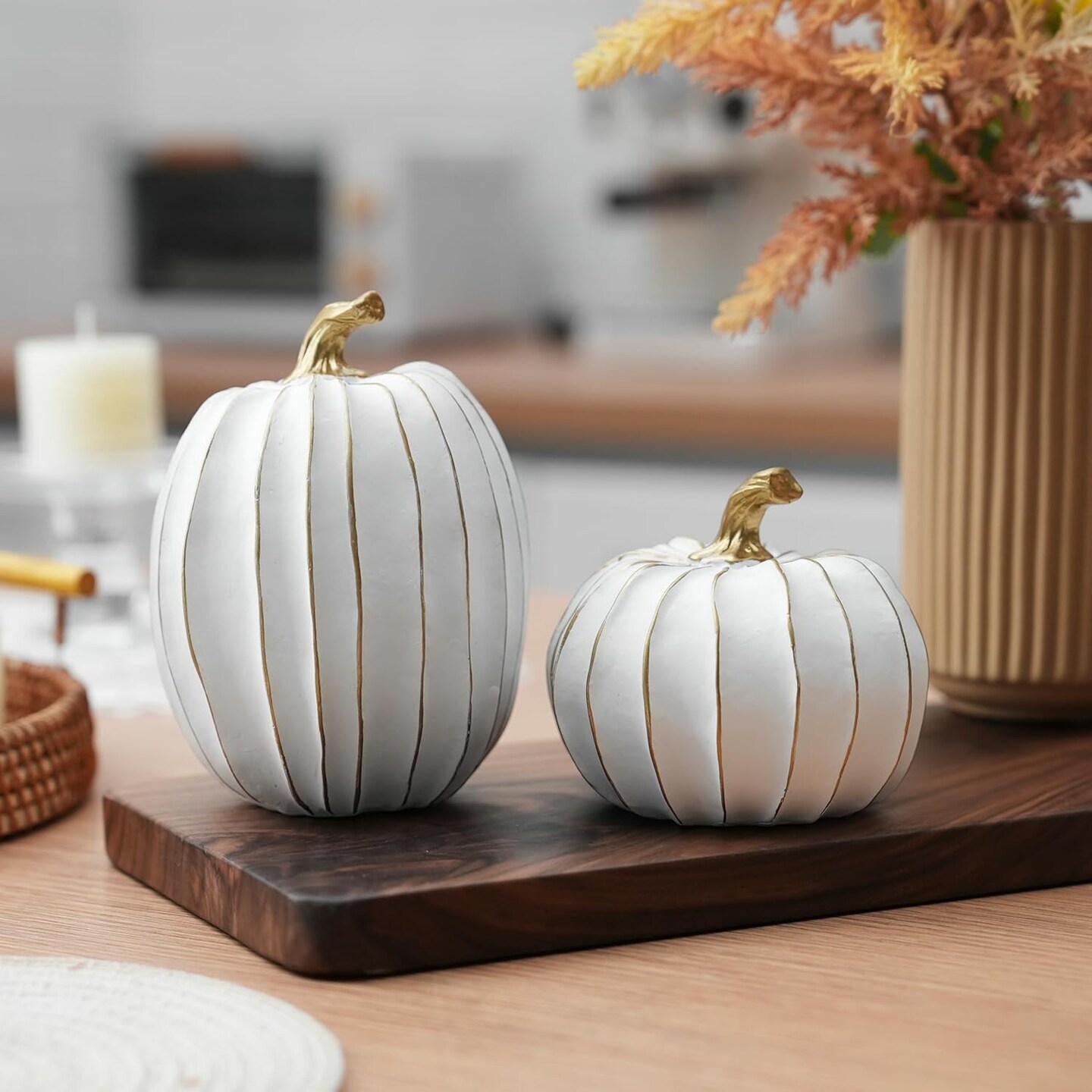 White and Gold Fall Pumpkin Decor - Set of 2