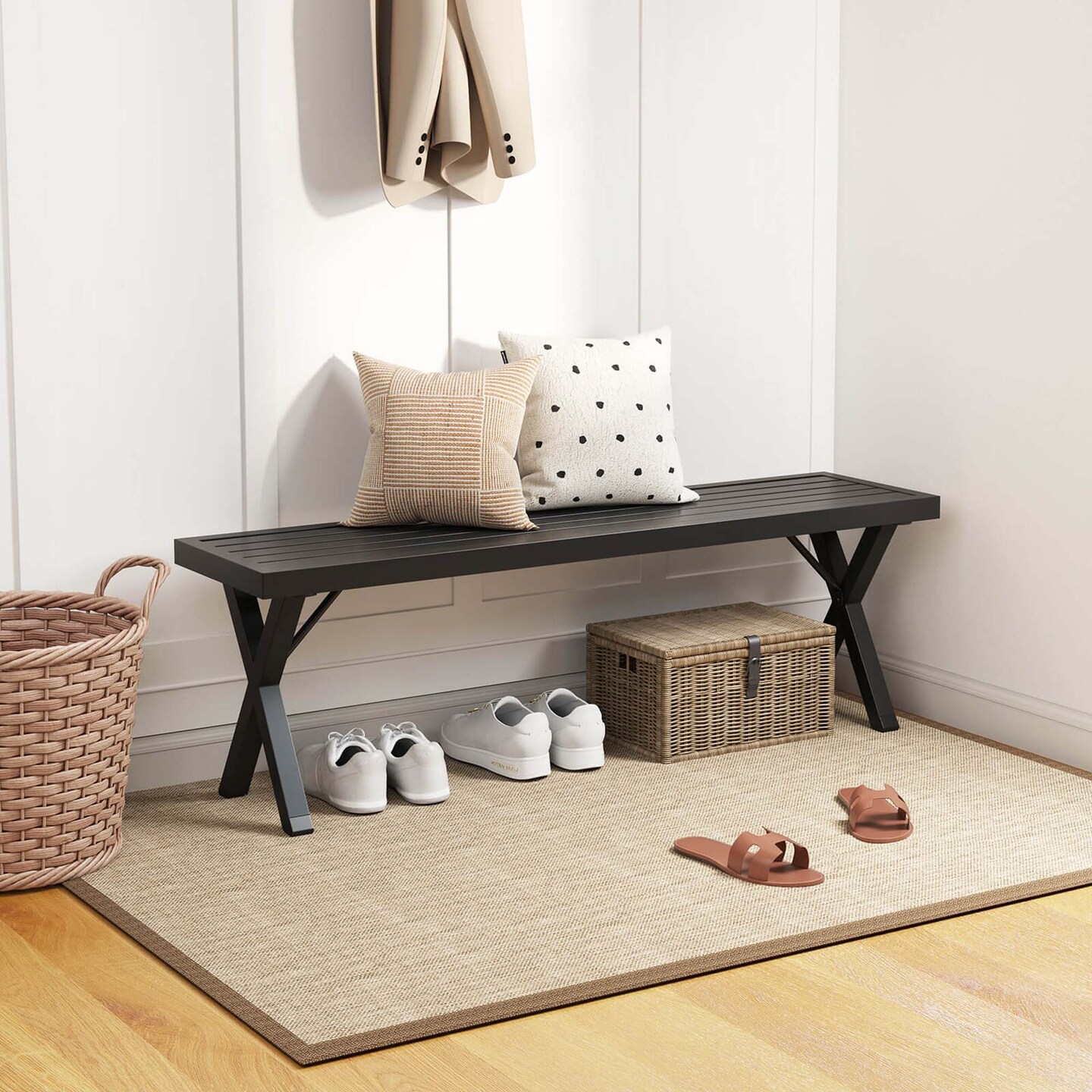 Costway 1/2 PCS 54" Patio Metal Bench with Slatted Seat & X Legs Backless Loveseat for Yard