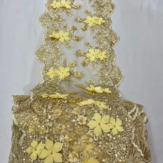 3 Yard Sequin 3D Lace Fabric 33cm Wide Polyester Embroidered Mesh with Pearls & Scalloped Edge