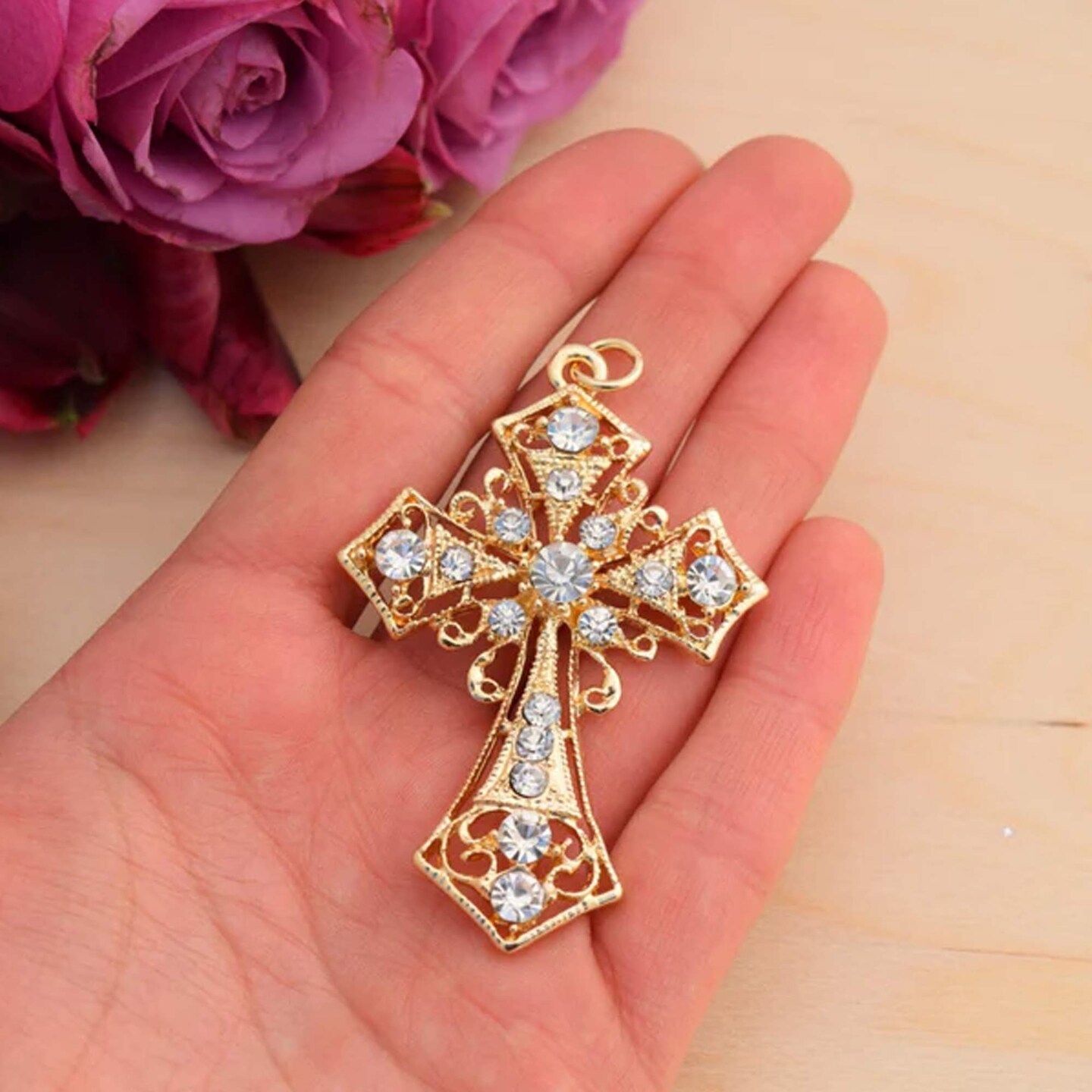 1 Piece 2.5x1.75 Gold Rhinestone Cross Charm Pendant Jewelry Baptism Craft
