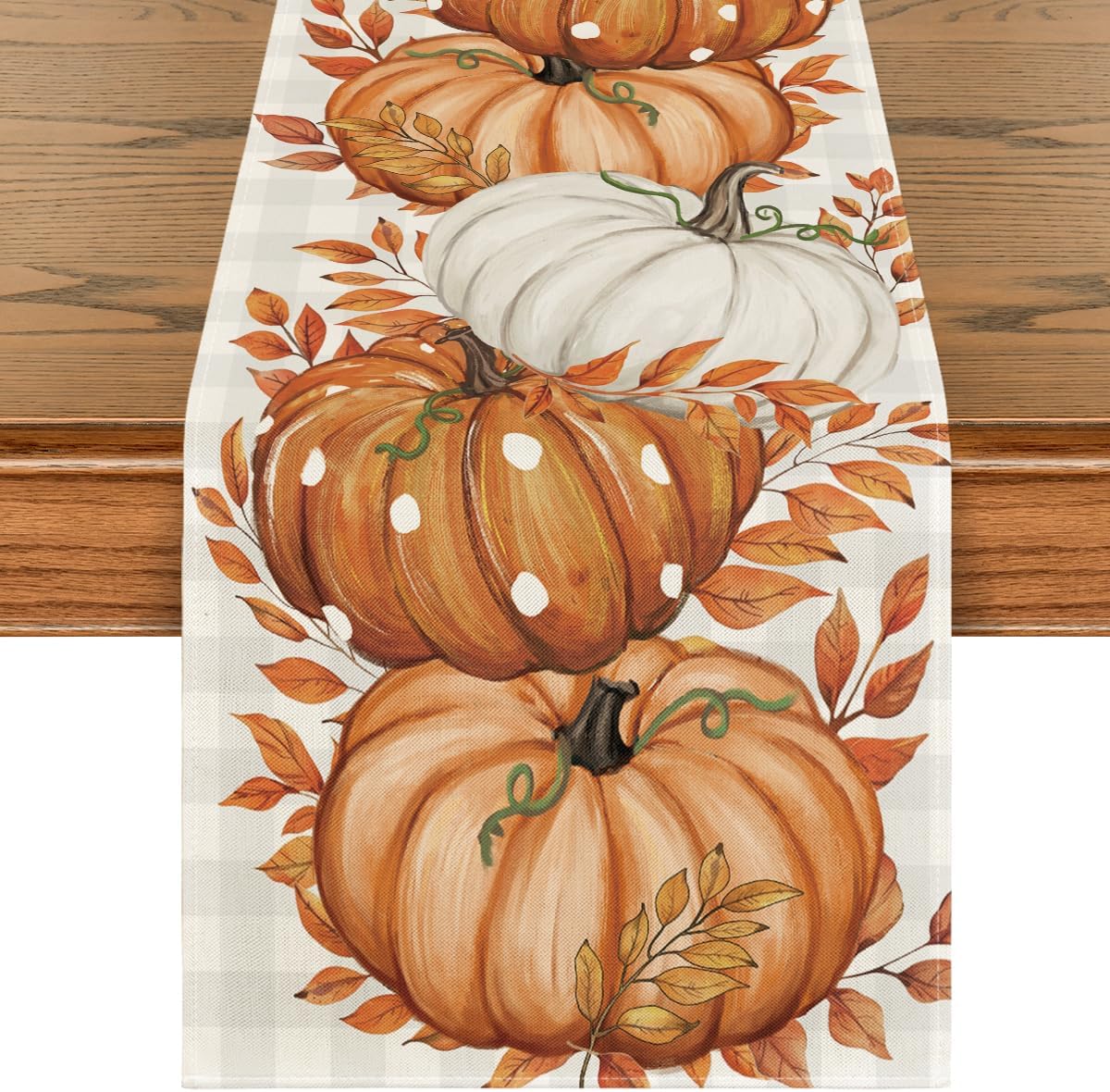 13x72 Inch Buffalo Plaid & Eucalyptus Fall Table Runner, Orange Pumpkin Autumn Harvest Decor for Kitchen & Dining, Durable Spun Polyester Farmhouse Tablecloth for Thanksgiving & Seasonal Parties