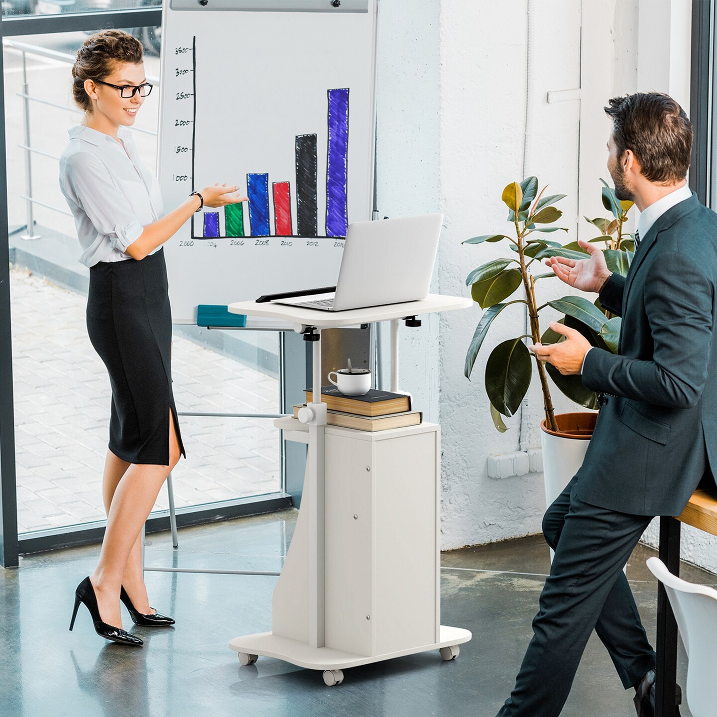 Costway 2 PCS Mobile Podium Stand Office Laptop Cart with Storage Adjustable Height White/Black