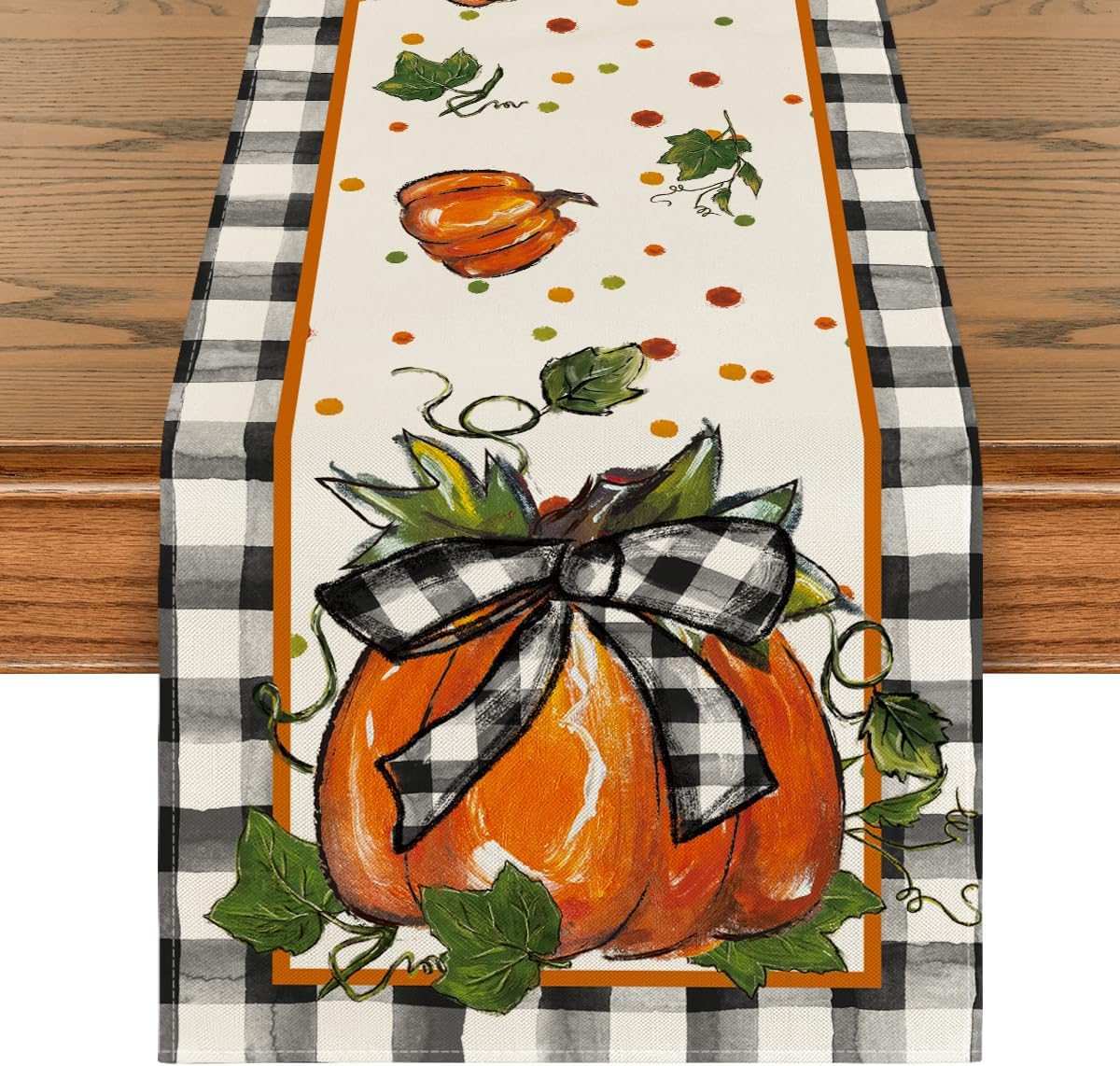 Pumpkin Bow Buffalo Plaid Fall Table Runner (Black/Beige/Orange) 13" x 72", Table Runner