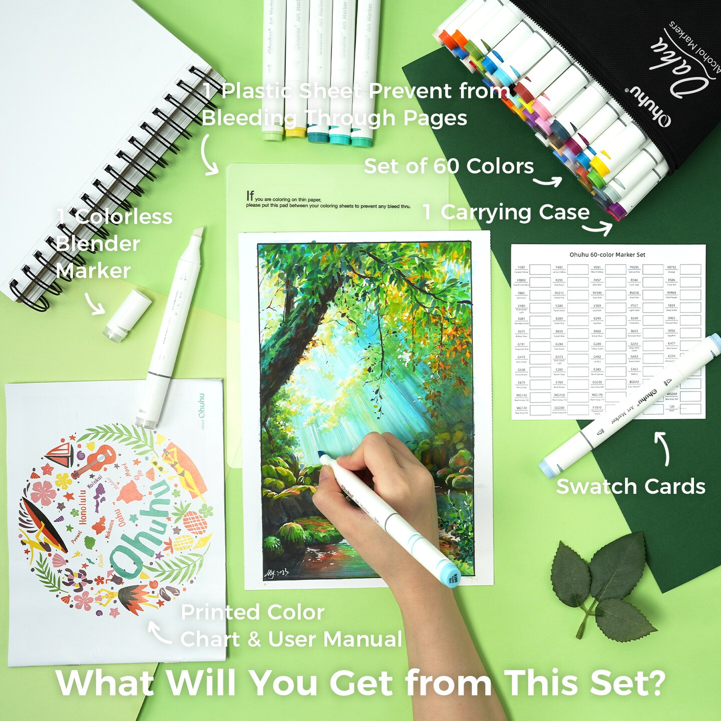 Ohuhu Oahu 60 Colors Alcohol-Based Markers - Dual Tip Chisel &#x26; Fine