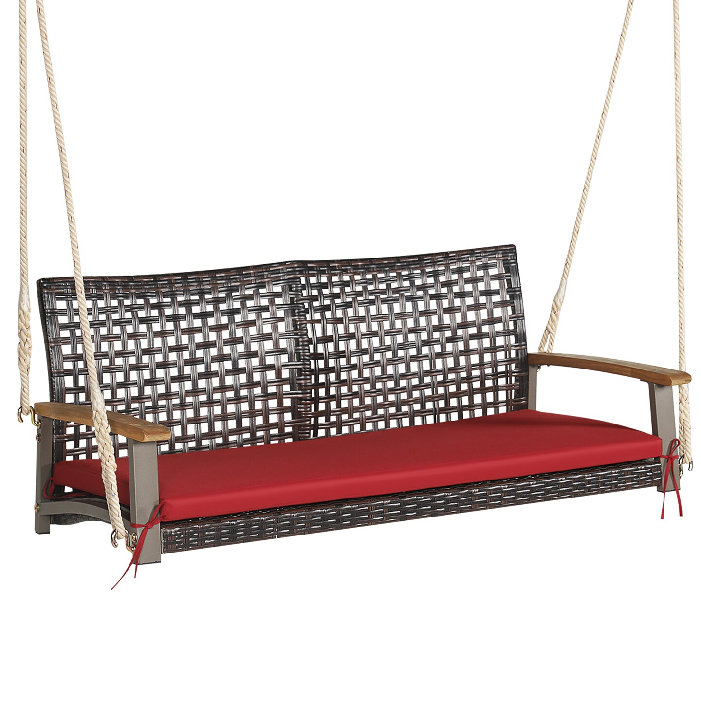 Costway 2-Person Patio Rattan Hanging Swing Chair Porch Loveseat Cushion Off