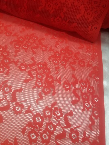 1 Yard Red Daisy Embroidered Mesh Tulle Net Fabric for Lingerie Bridal