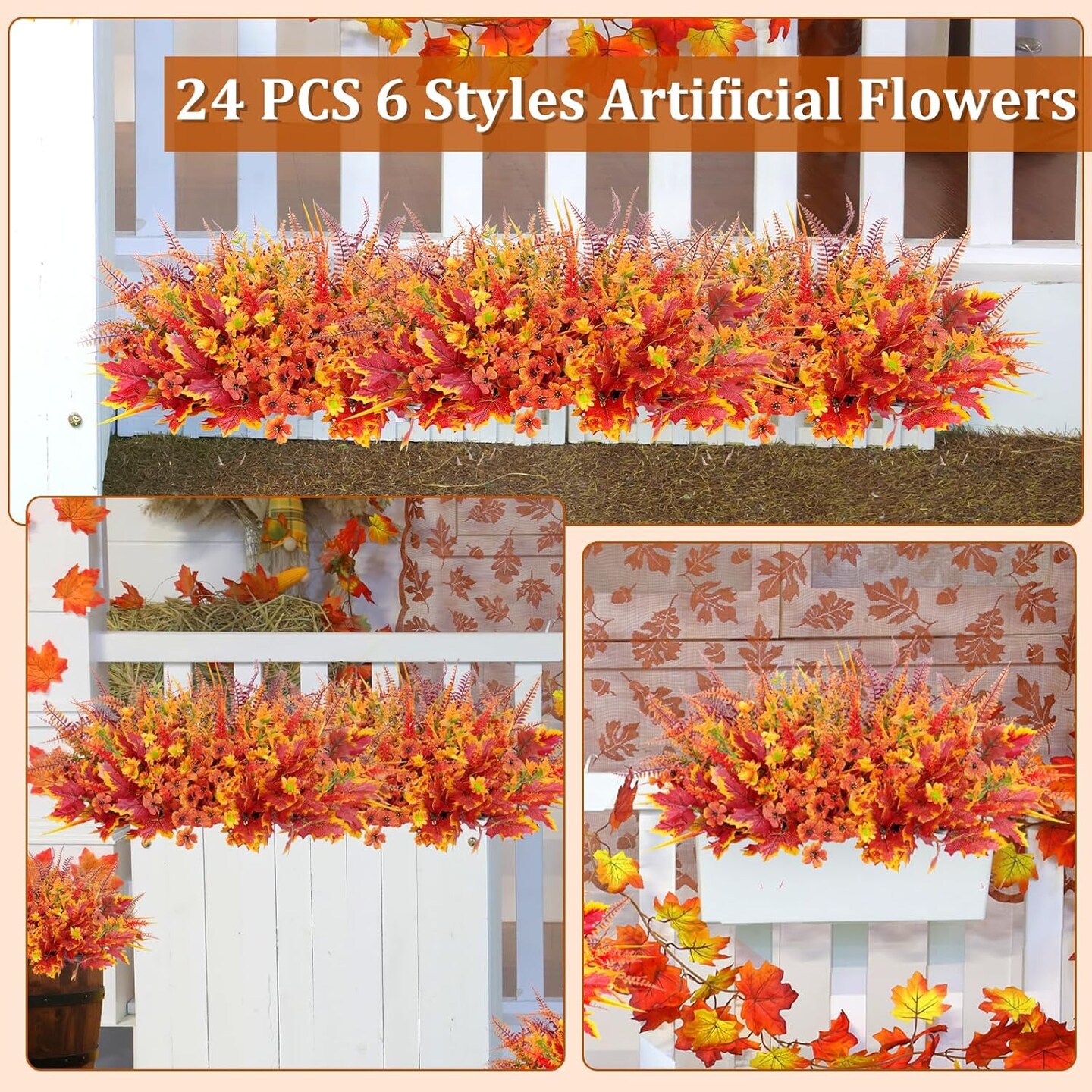 24 Bundles 6 Styles Artificial Fall Flowers Plants for Outdoors