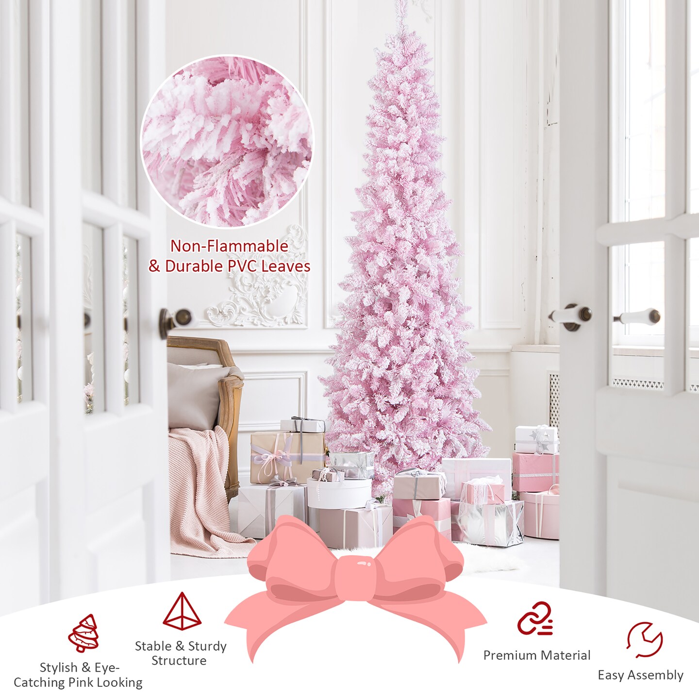 Costway 7FT Pre-Lit Snow Flocked Hinged Pencil Christmas Tree w/ 300 Lights &#x26; 8 Modes