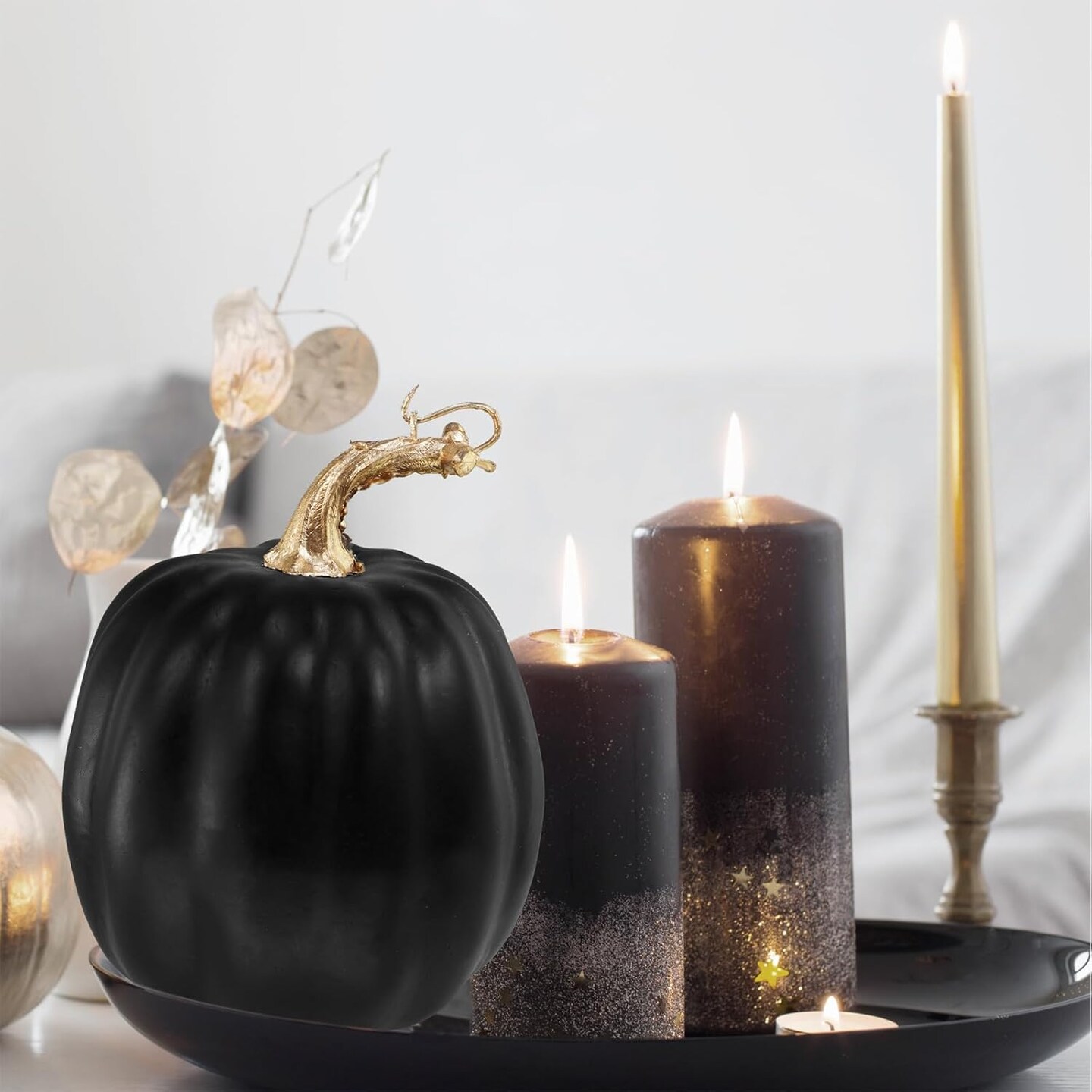 4 Pcs Black Artificial Pumpkins - 6.7" Tall Faux Foam Pumpkins for Halloween Decor - Modern Matte Black Autumn Pumpkins for Thanksgiving Table Centerpieces, Mantel, and Shelf Decoration