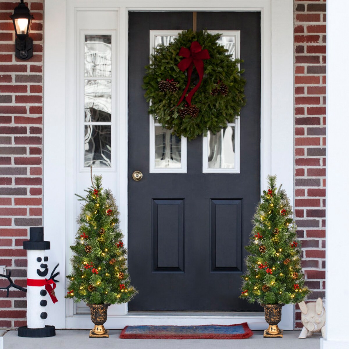 Costway 3/4/5 ft Pre-Lit Christmas Entrance Tree In Urn with 40/60/100 LED Light Red Berries Pine Cone