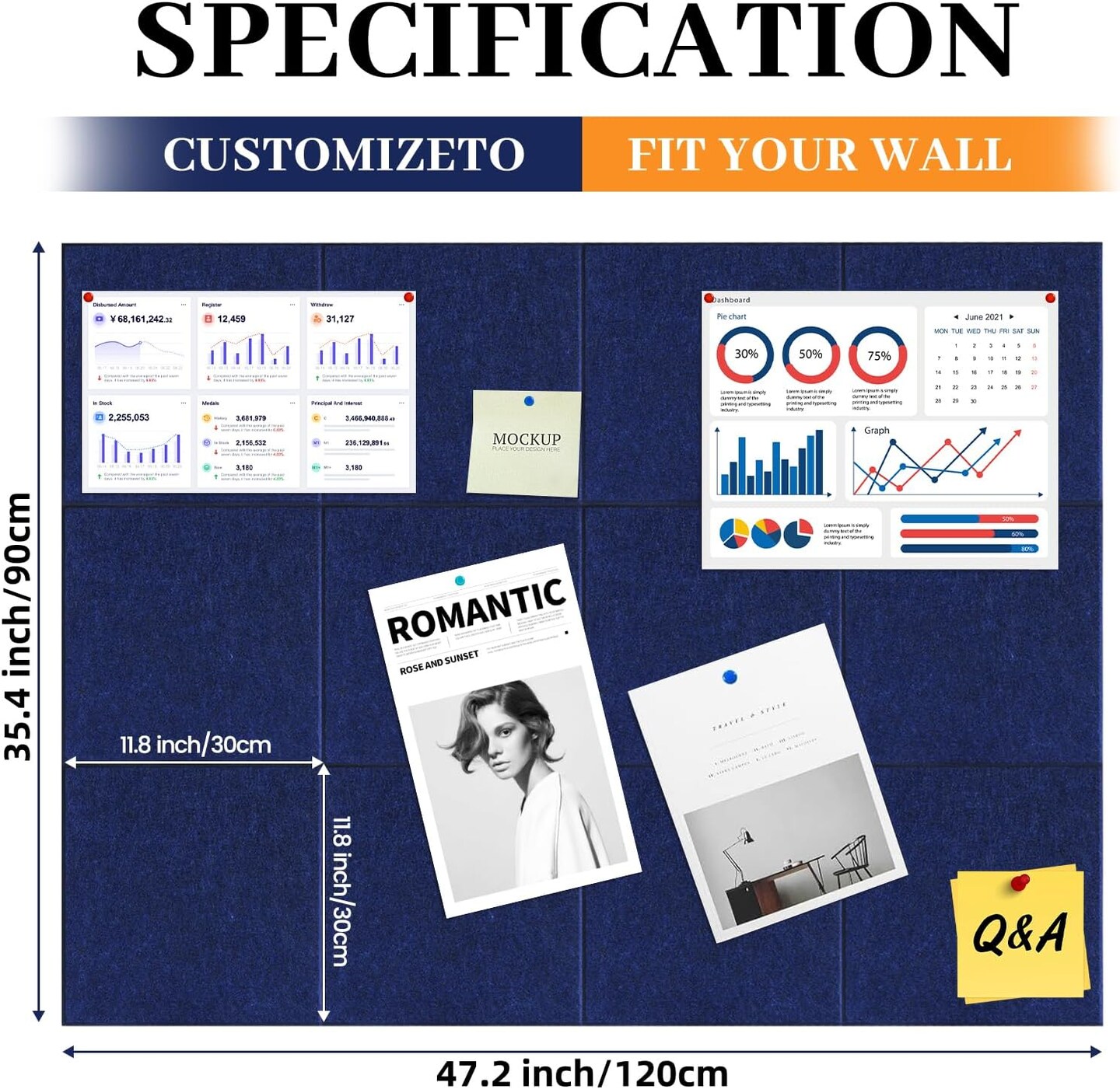 12-Pack Felt Cork Bulletin Board Set, Large Size 47''×35'', for Home (Deep Blue)