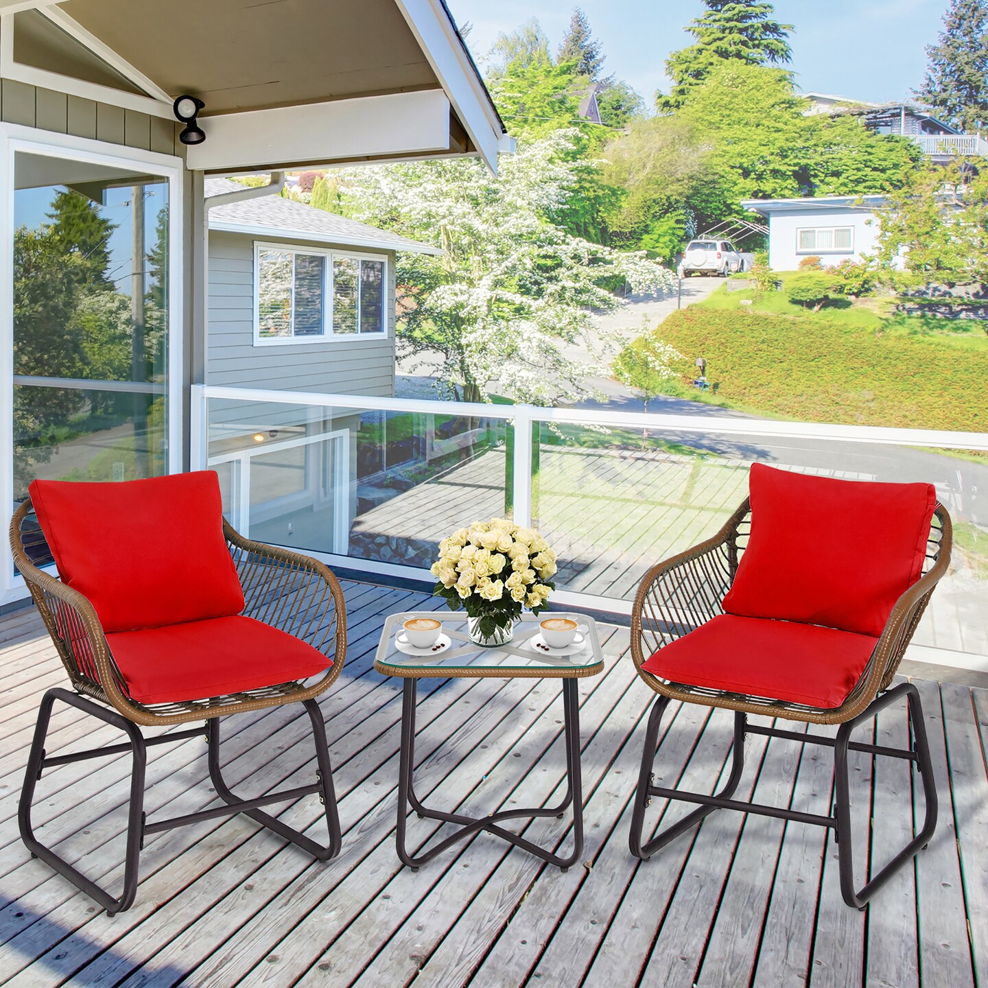 Costway 3PCS Patio Rattan Bistro Set Cushioned Chair Glass Table Deck White\Turquoise