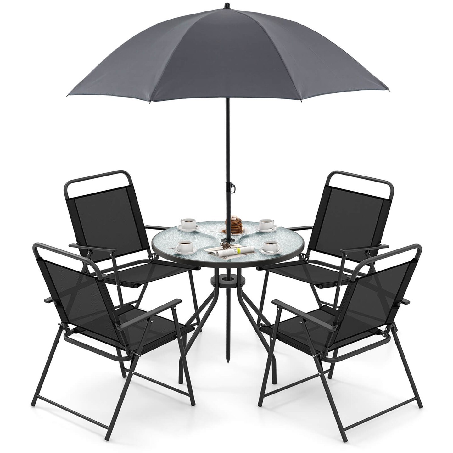 Costway 6 PCS Patio Dining Set Folding Chairs Glass Table Umbrella Garden