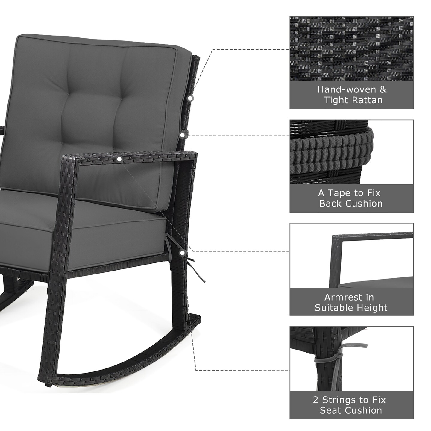 Costway Patio Rattan Rocker Chair Outdoor Glider Rocking Chair Cushion Lawn Navy\Black\Grey