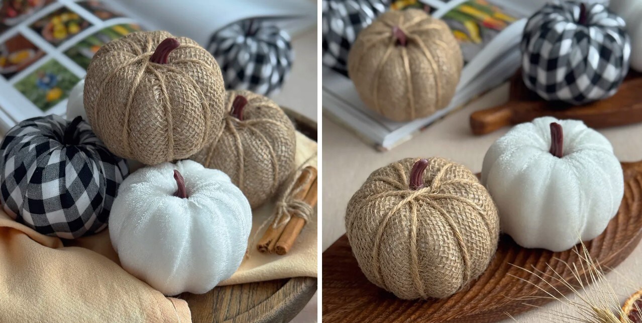 12 PCS Plaid & Burlap Faux Pumpkins – Small Fabric Foam Pumpkins in Black & White for Fall Decor, Thanksgiving, Halloween, Wedding & Farmhouse Decorations