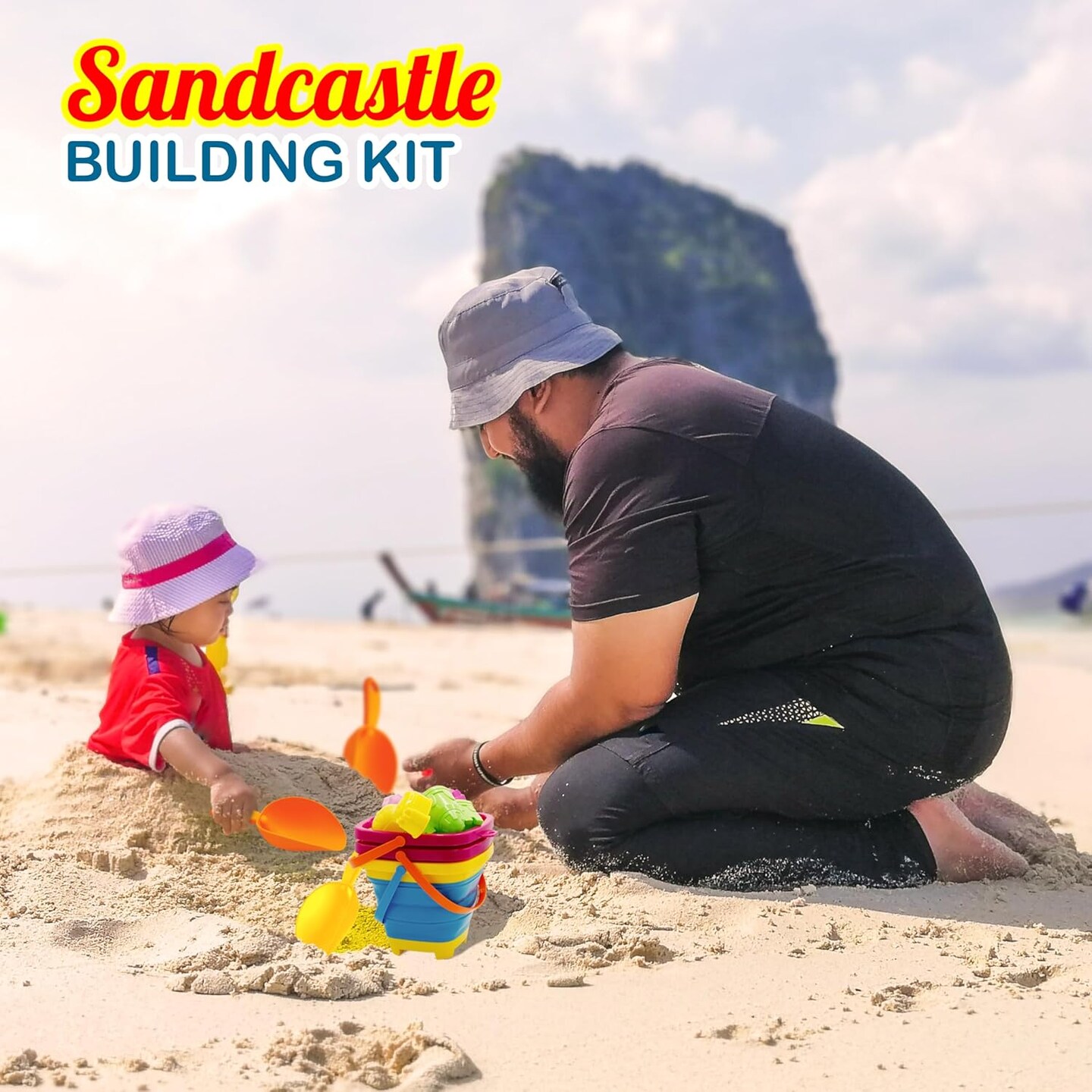 4E's Novelty 17 Pcs Beach Toys for Kids Travel - Sandcastle Building Kit 3 Collapsible Beach Bucket, 3 Shovels, 10 Sand Molds & Mesh Beach Bag, Collapsible Beach Toys for Kids