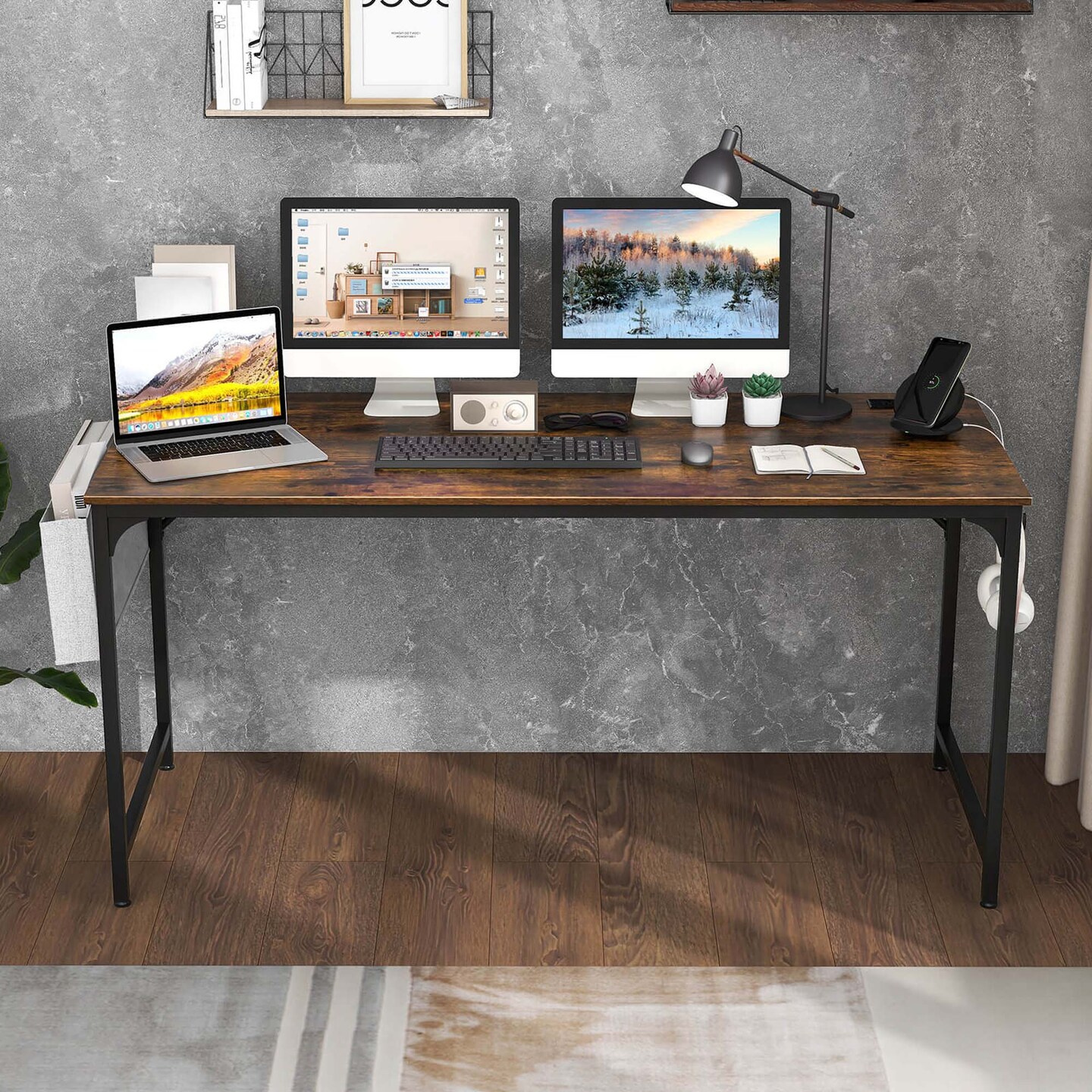 Costway 60&#x22; Modern Computer Desk with Charging Station with Storage Bag &#x26; Headphone Hook Borwn