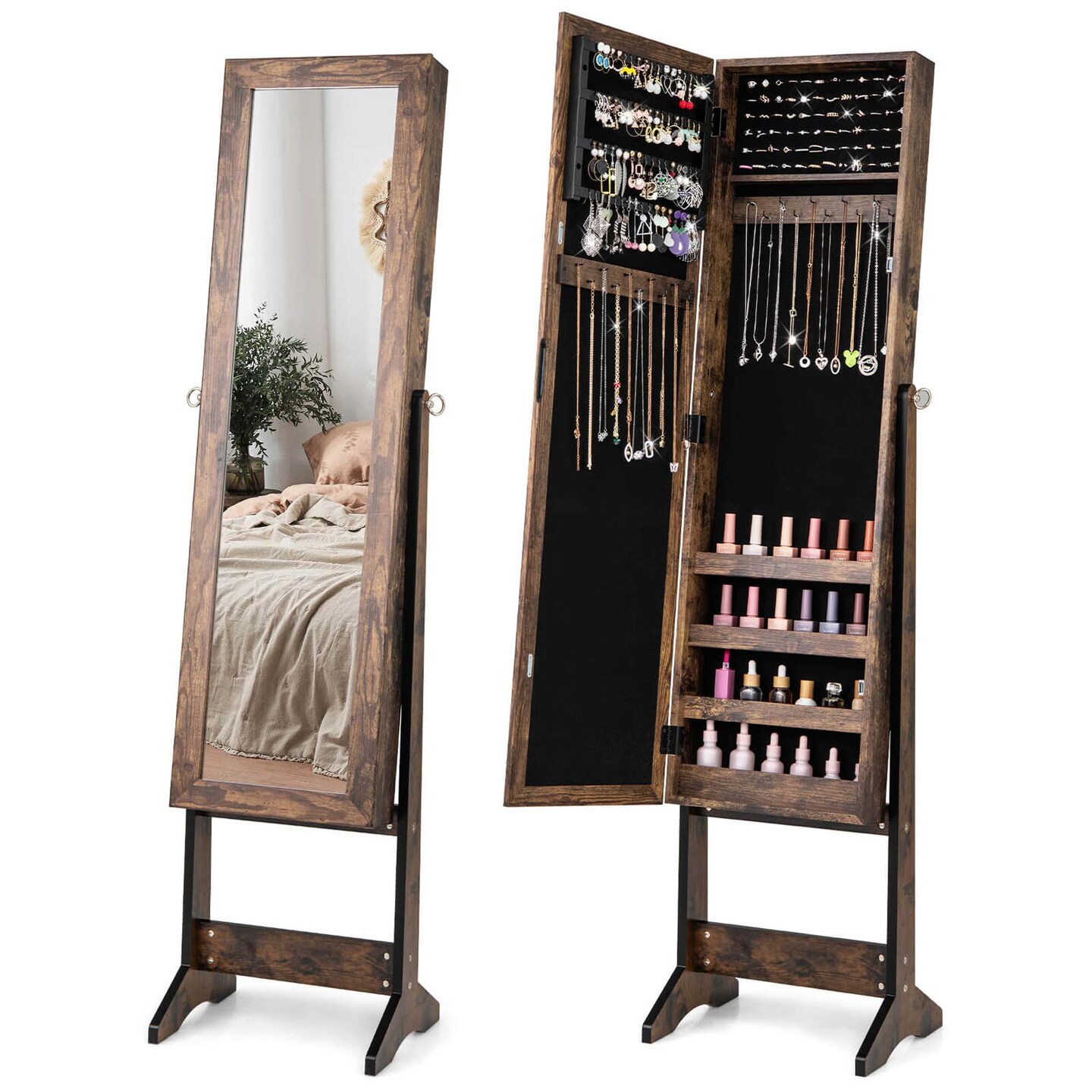 Costway Jewelry Mirrored Cabinet Armoire Organizer Storage Box with Stand Christmas Gift Black/White/Coffee/Brown