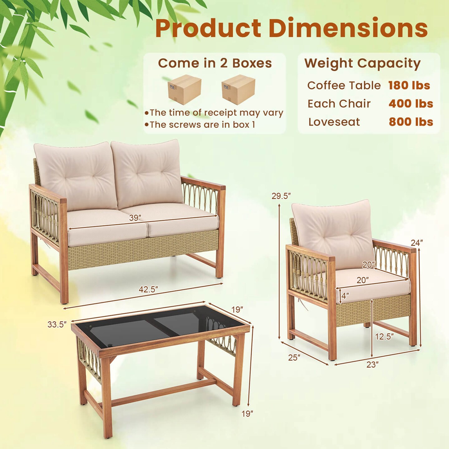 Costway 4 PCS Patio Furniture Set with Acacia Wood Frame Cushions and Coffee Table