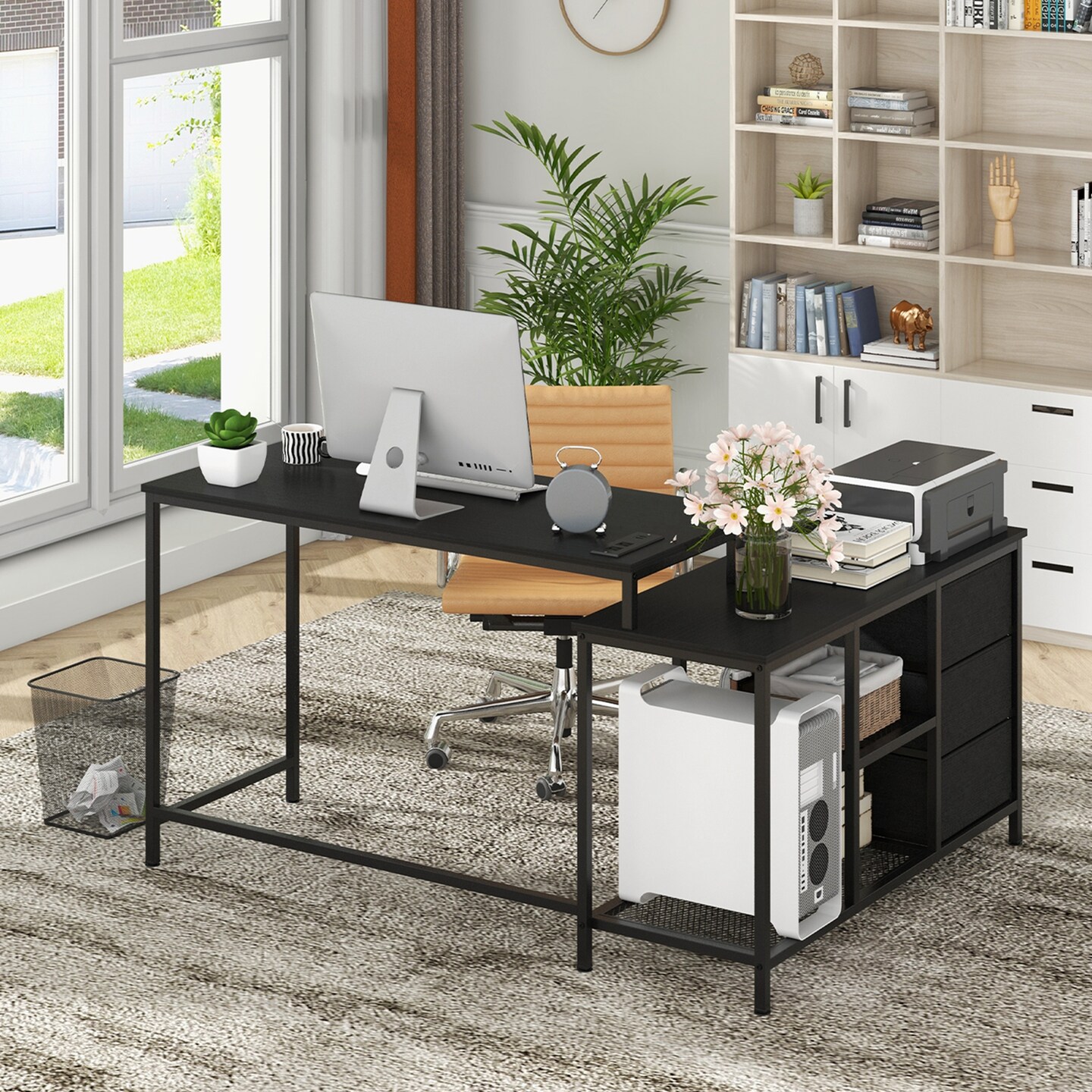 Costway L-shaped Computer Desk with Power Outlet, Drawers, Metal Mesh Shelves Rustic Brown/Black/White