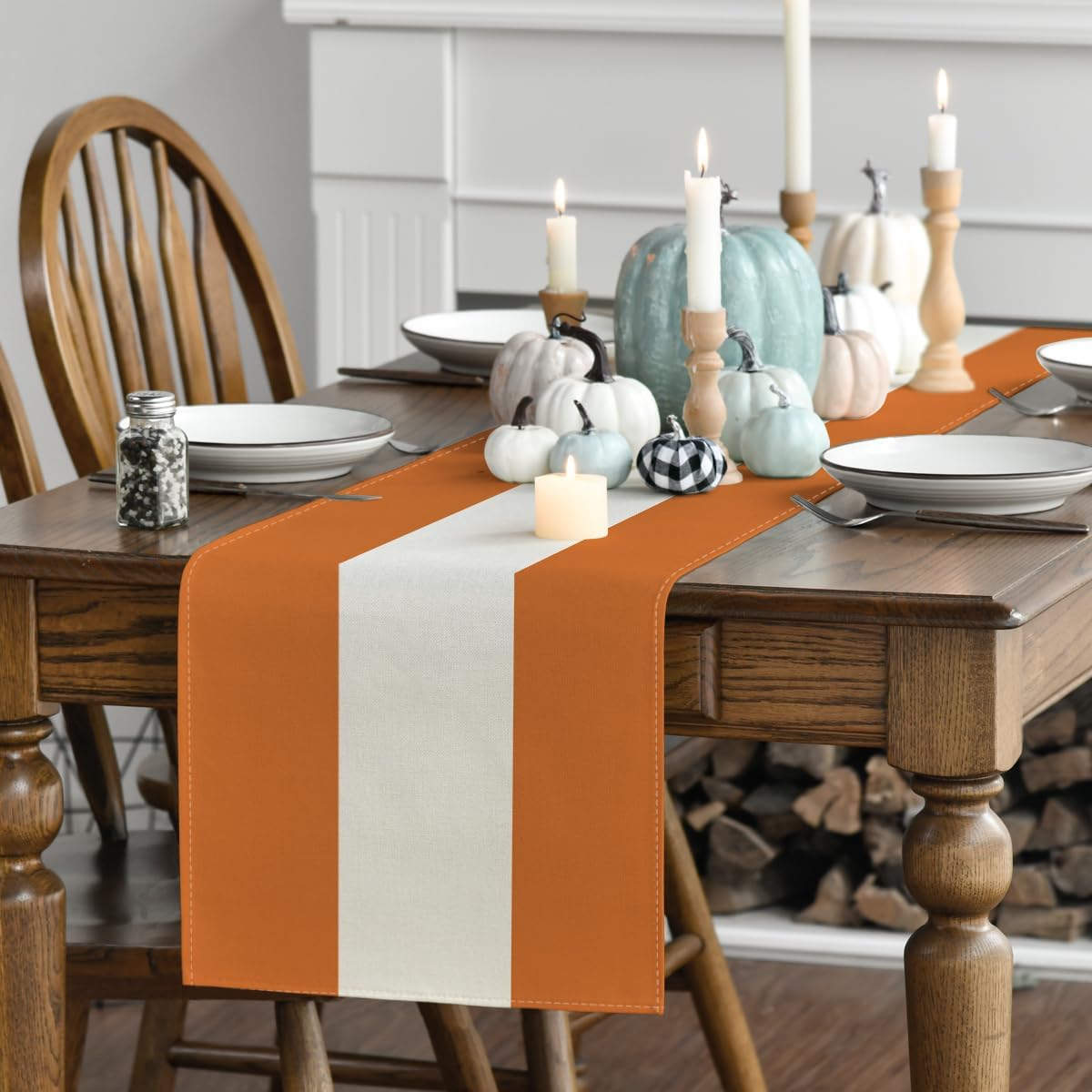 Orange White Stripes Fall Table Runner (Orange/White/Orange) 13x72 Inch