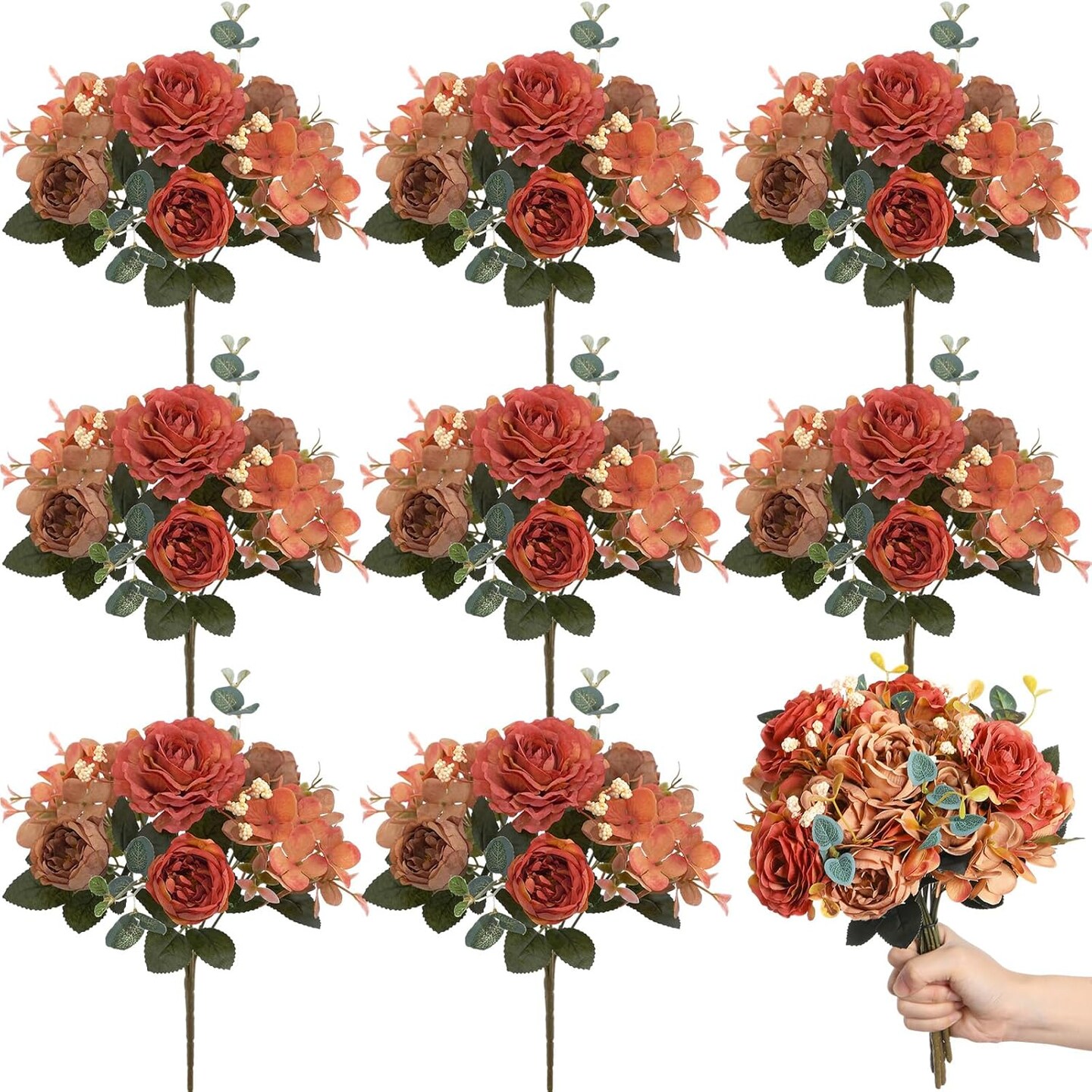 8 Packs Artificial Peony Flowers - (Dark Orange)