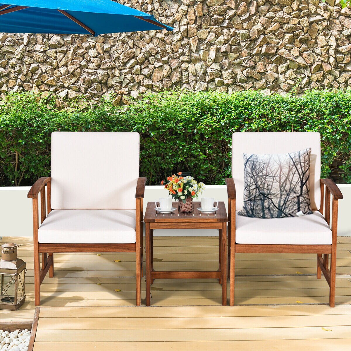 Costway 3PC Outdoor Patio Sofa Furniture Set Solid Wood Cushioned Conversation Set White