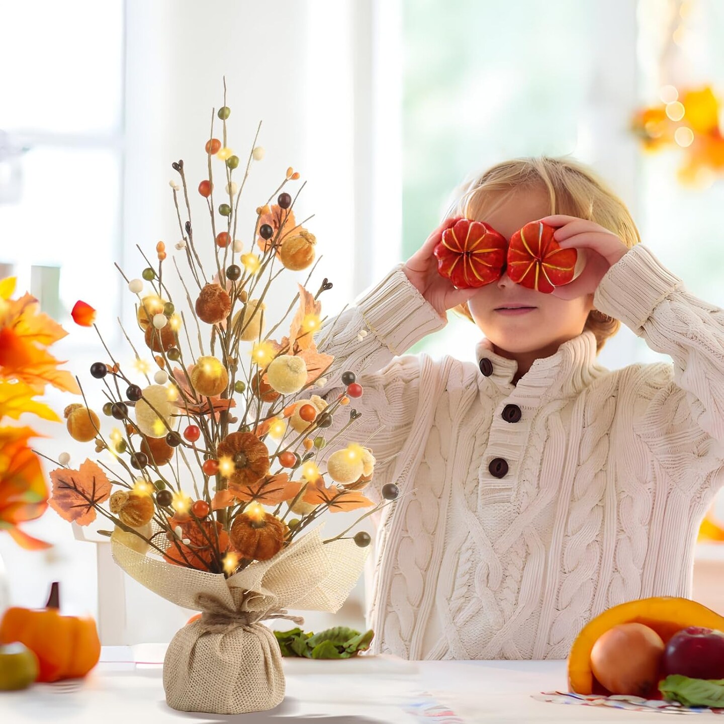 Berry Maple Leaf Pumpkin Tree Tabletop Decor