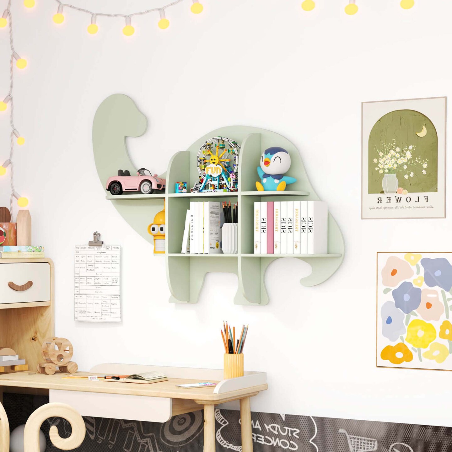 Costway 2-Tier Floating Dinosaur Kids Bookshelf Wall-Mounted Nursery Book Shelf