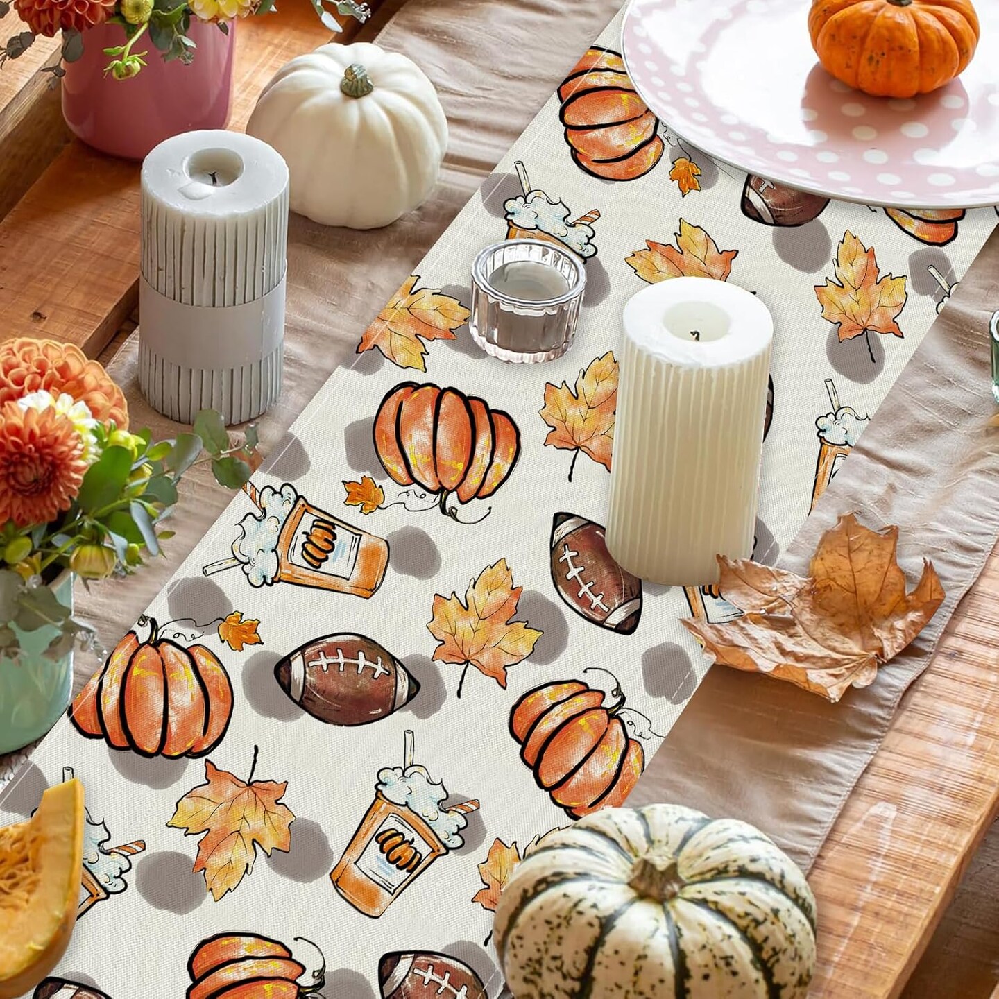 Fall Table Runner Pumpkins Football Thanksgiving Table Runners 13x72 Inch