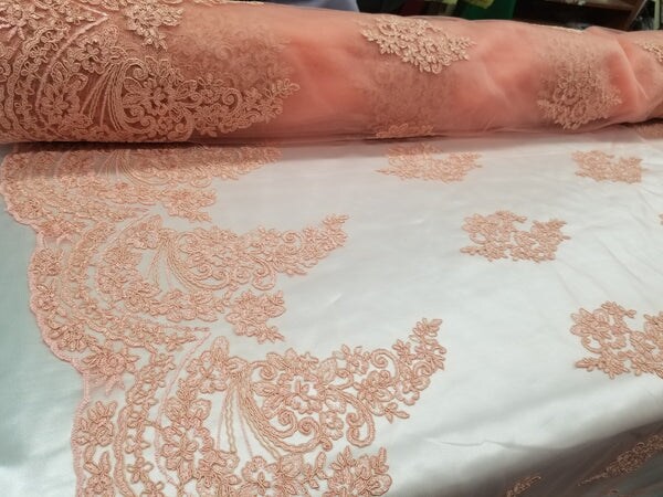 1 Yard Coral French Floral Mesh Lace Fabric for Bridal Dresses and Event Decor 50/54 Inch Width