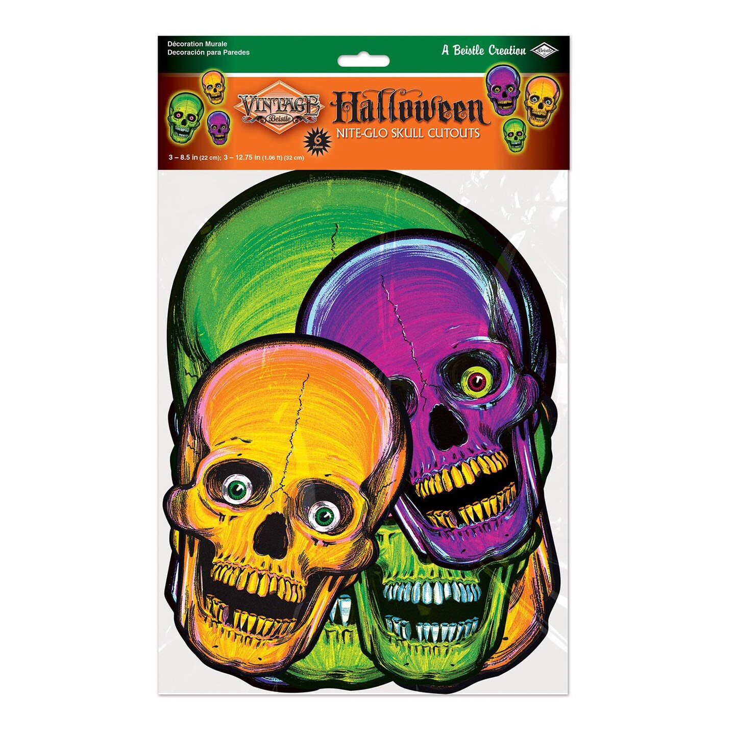 72 Pack Beistle Vintage Halloween Nite-Glo Skull Cutouts