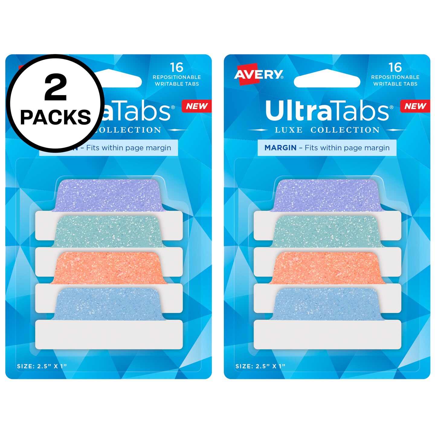 Avery Margin Ultra Tabs, 2.5" x 1", Pastel Sparkle Shimmer Designs, 32 Repositionable Sticky Tabs (2 Pack of 74150)