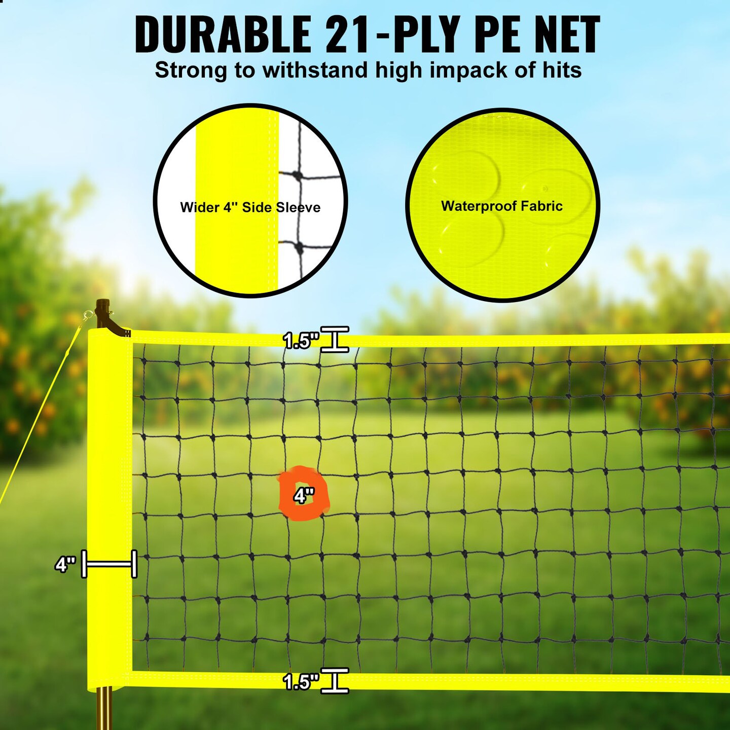 Yellow Steel and PE Volleyball Net Set, Adjustable Height and Portable