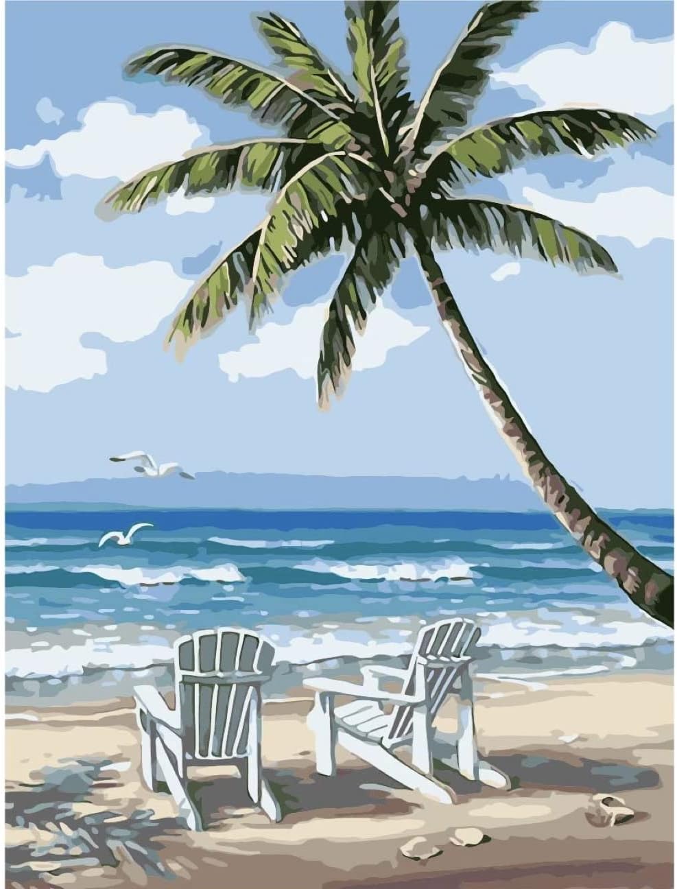 Acrylic Paint-by-Number Kit – Sunny Beach Palm Tree Landscape on Canvas, DIY Art for Beginners, Teens & Adults, Colorful Abstract Design, Perfect Christmas Gift