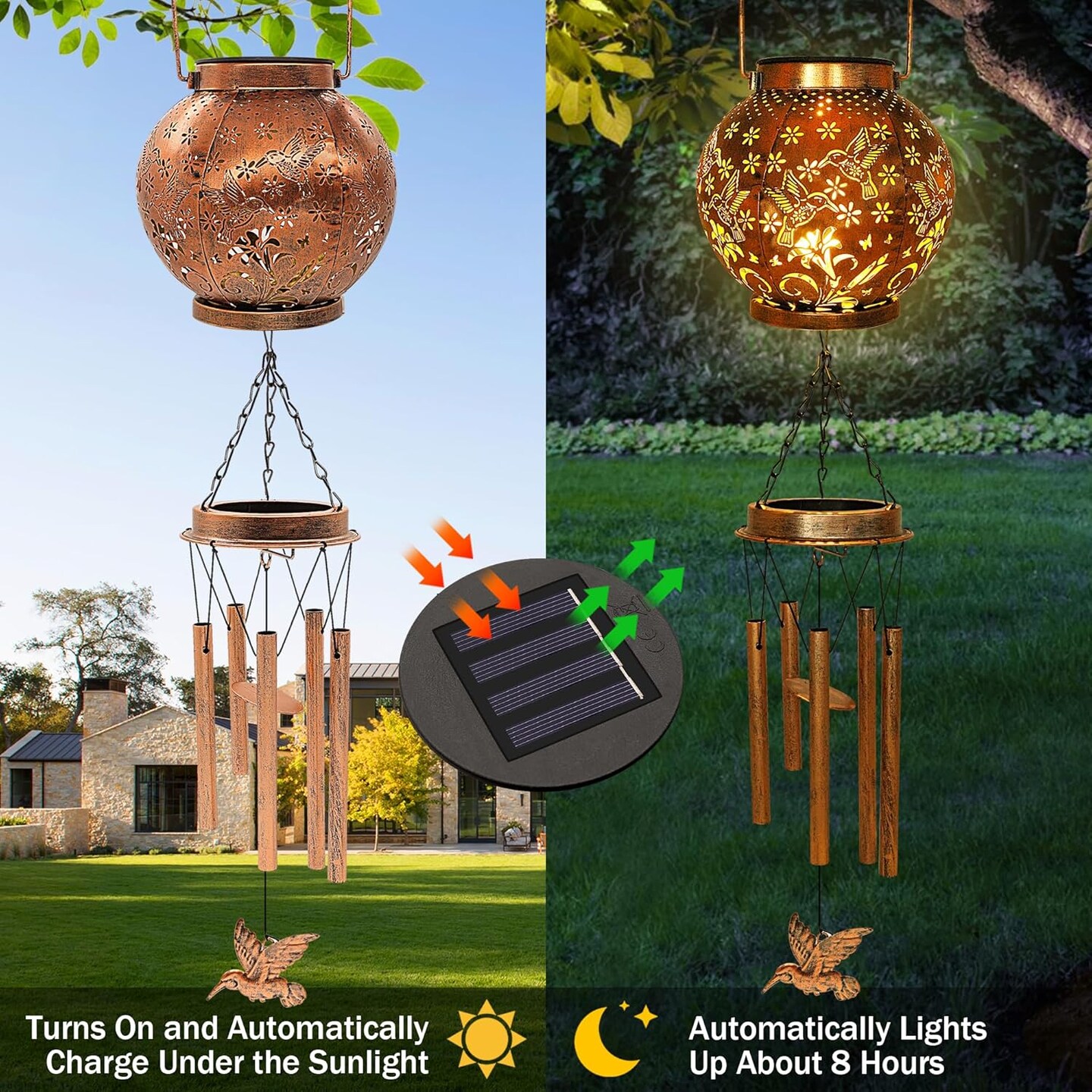 Hummingbird Wind Chimes for Outside, Gifts for Mothers Day Woman Mom Grandma,30&#x22; Metal Hanging Solar Lantern Wind Chimes Outdoor, Garden Decor Memorial Windchimes for Patio Porch Yard