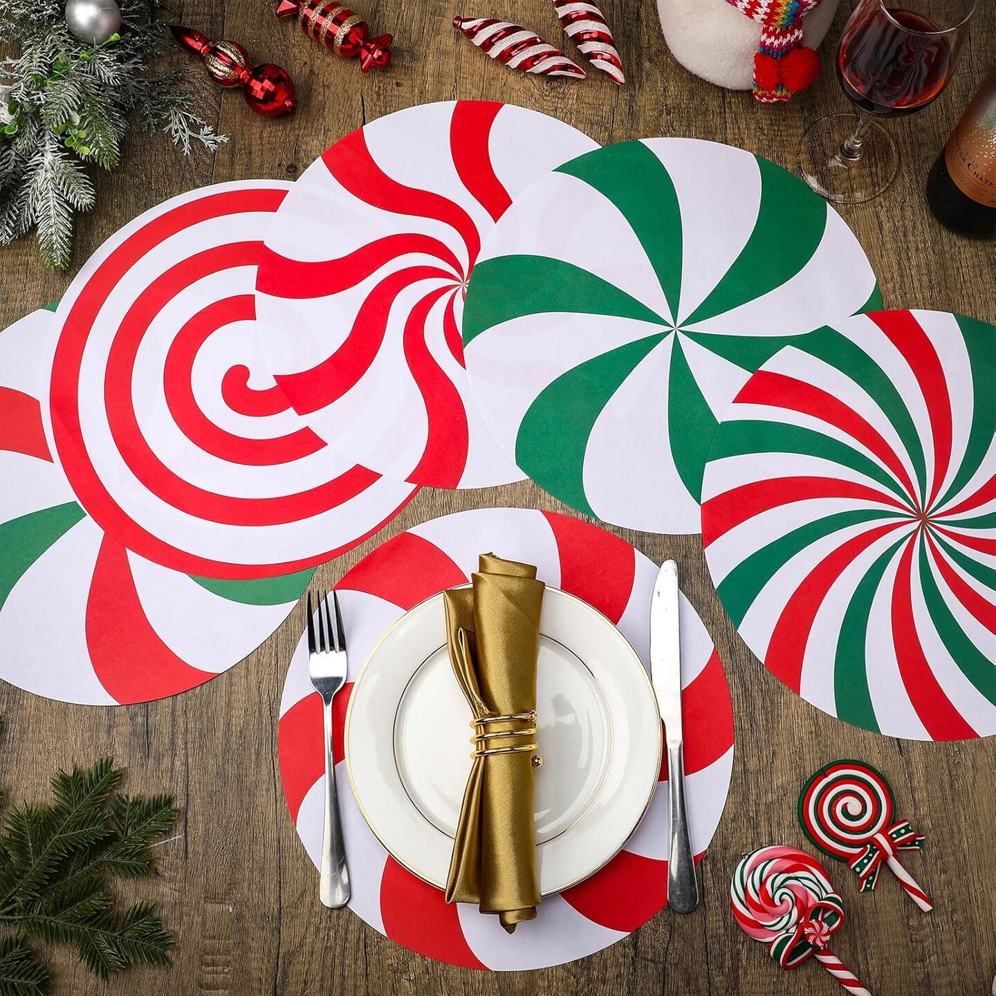 60 Pcs Disposable Christmas Candy Placemats 12 Inch Christmas Red Green Sweets Paper Round Placemats Table Mats Candy Canes for Xmas Party Home Decorations Kitchen Dining Table